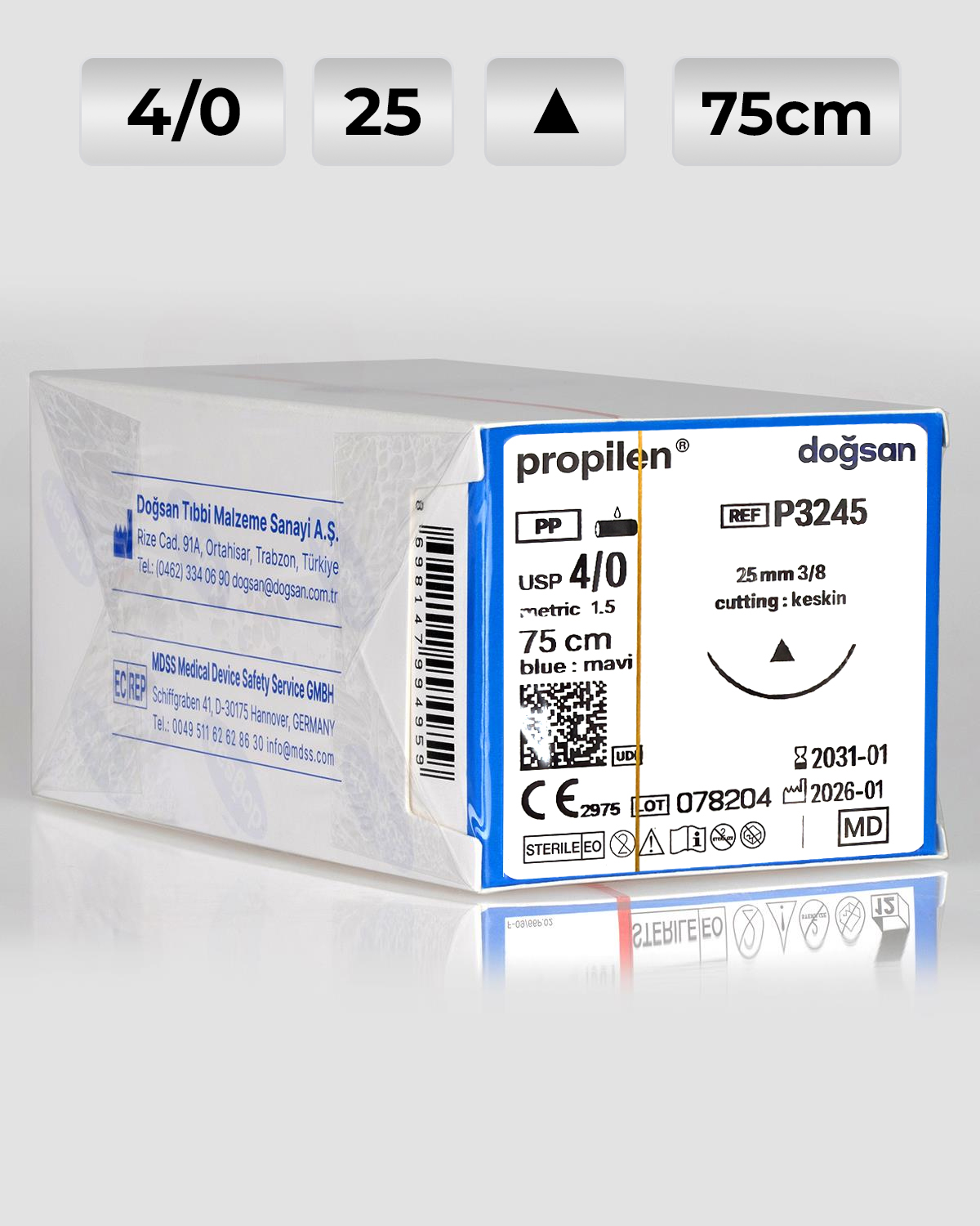P3245 DOĞSAN Propilen 4/0 25 3/8 Keskin (Δ) 75cm Polipropilen Emilemeyen Sütür 12 Ad./Pkt
