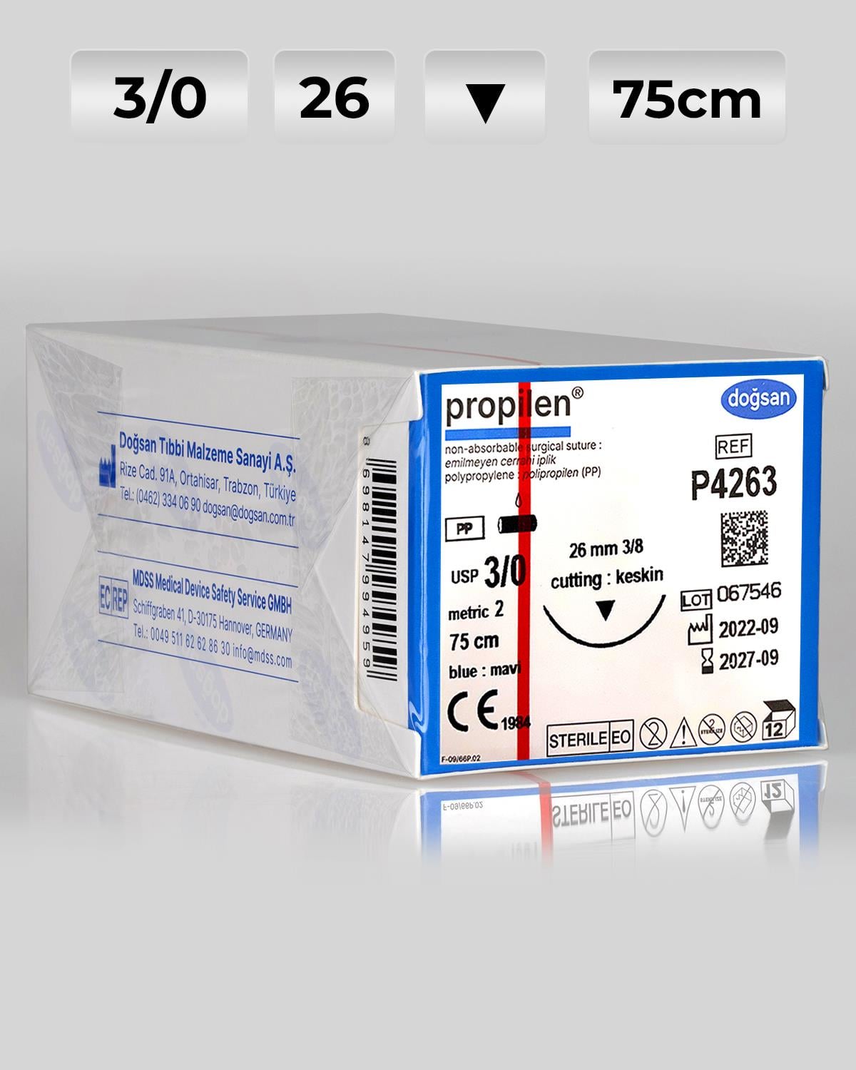 P4263 DOĞSAN Propilen 3/0 26 3/8 Keskin (▼) 75cm Polipropilen Emilemeyen Sütür 12 Ad./Pkt