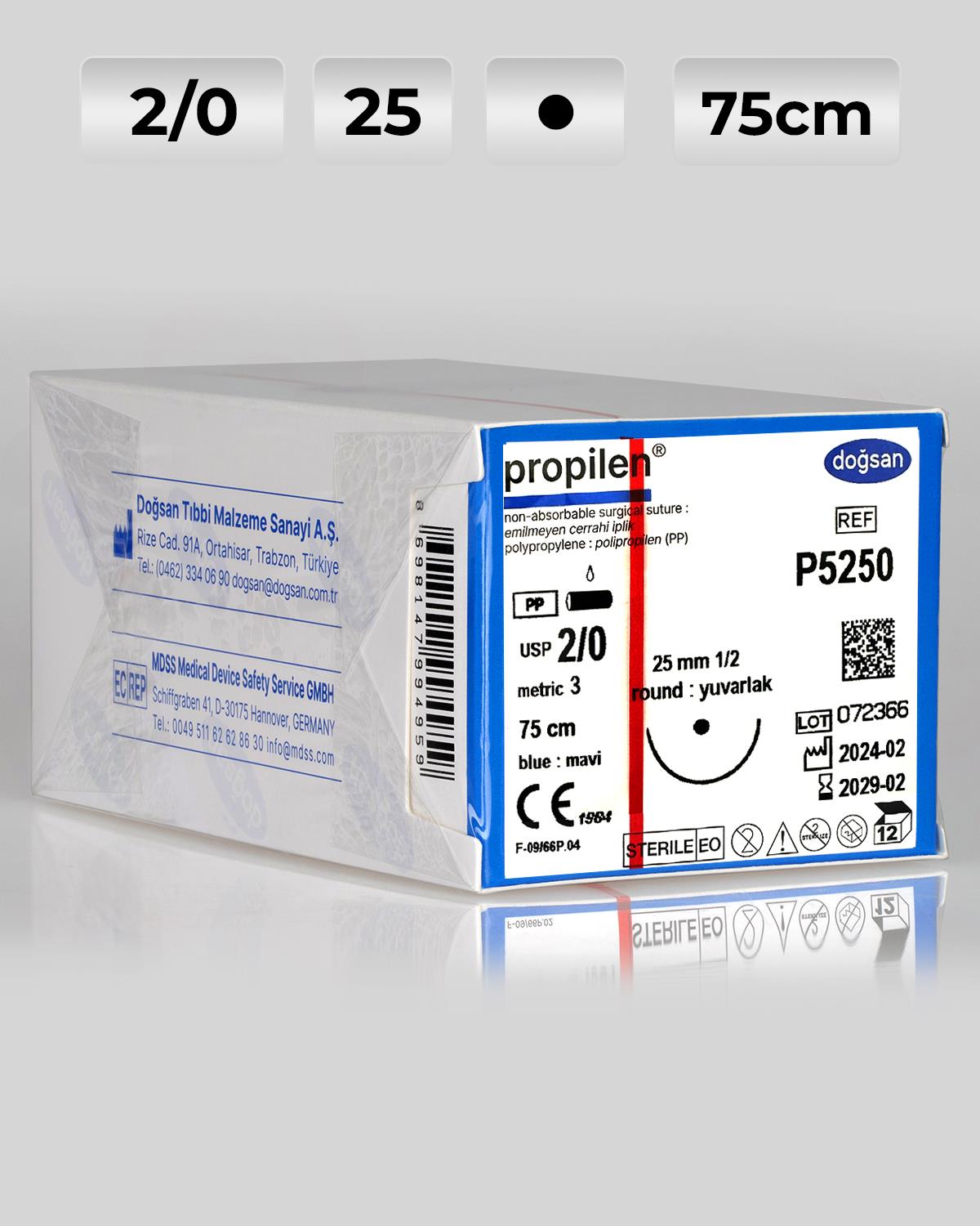 P5250 DOĞSAN Propilen 2/0 25 1/2 Yuvarlak (●) 75cm Polipropilen Emilemeyen Sütür 12 Ad./Pkt