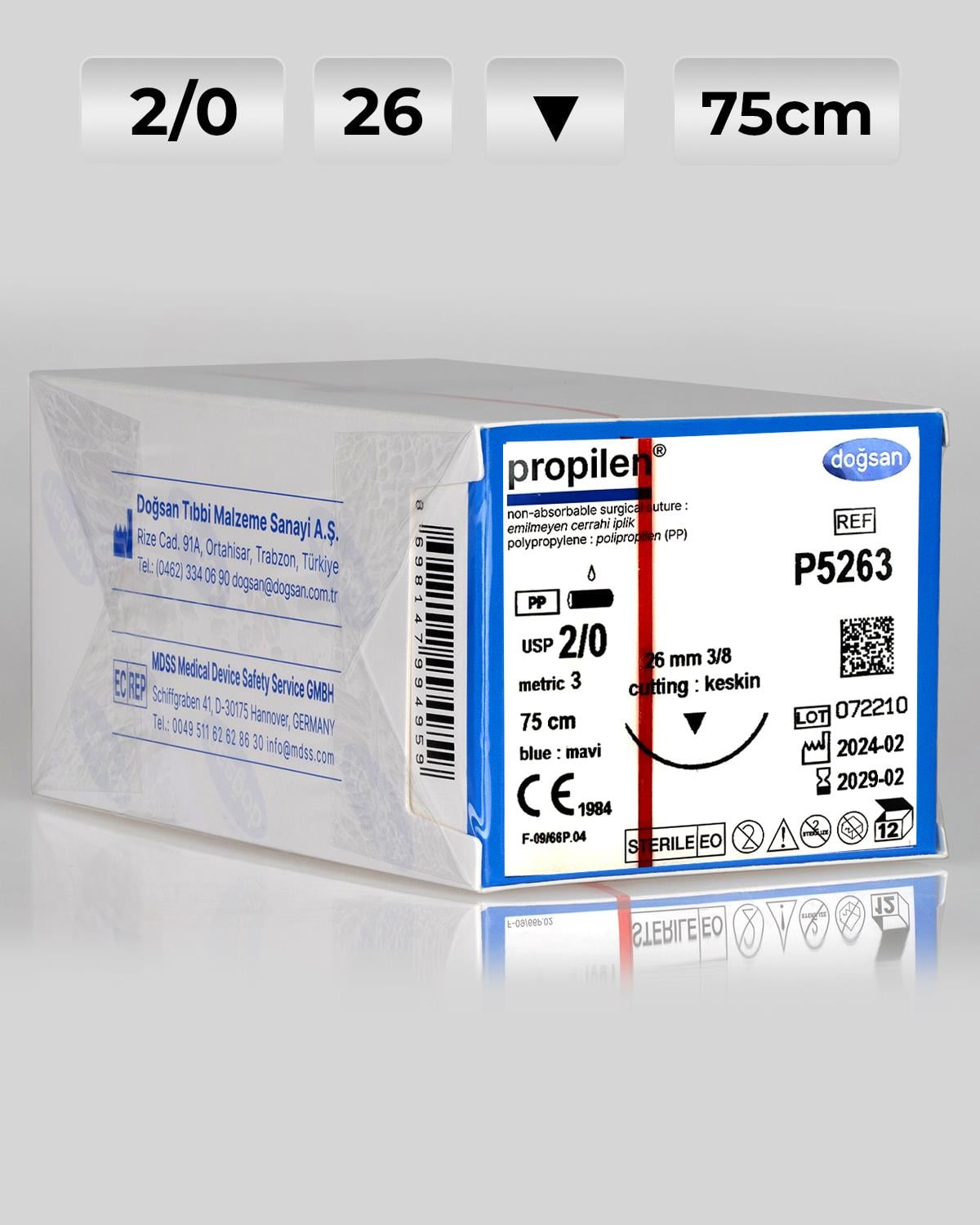 P5263 DOĞSAN Propilen 2/0 26 3/8 Keskin (▼) 75cm Polipropilen Emilemeyen Sütür 12 Ad./Pkt
