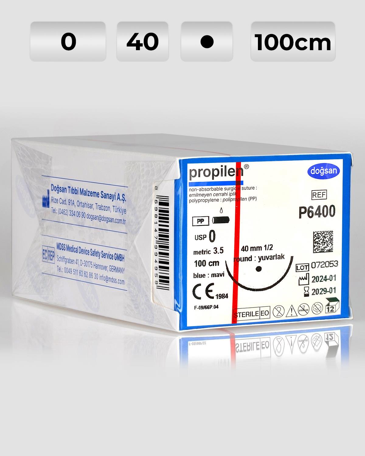 P6400 DOĞSAN Propilen 0 40 1/2 Yuvarlak (●) 100cm Polipropilen Emilemeyen Sütür 12 Ad./Pkt