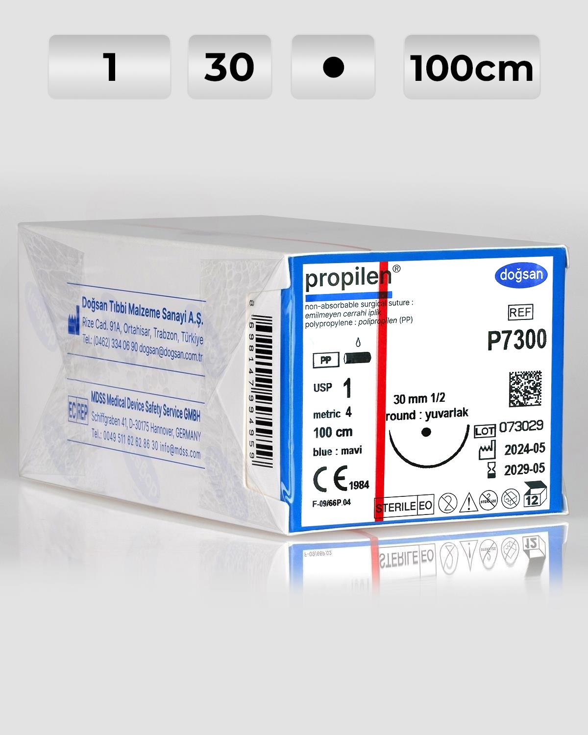 P7300 DOĞSAN Propilen 1 30 1/2 Yuvarlak (●) 100cm Polipropilen Emilemeyen Sütür 12 Ad./Pkt