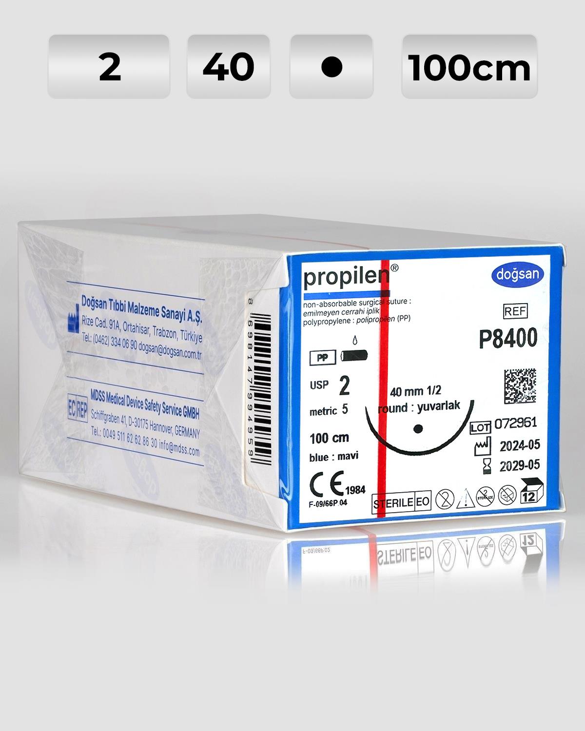 P8400 DOĞSAN Propilen 2 40 1/2 Yuvarlak (●) 100cm Polipropilen Emilemeyen Sütür 12 Ad./Pkt