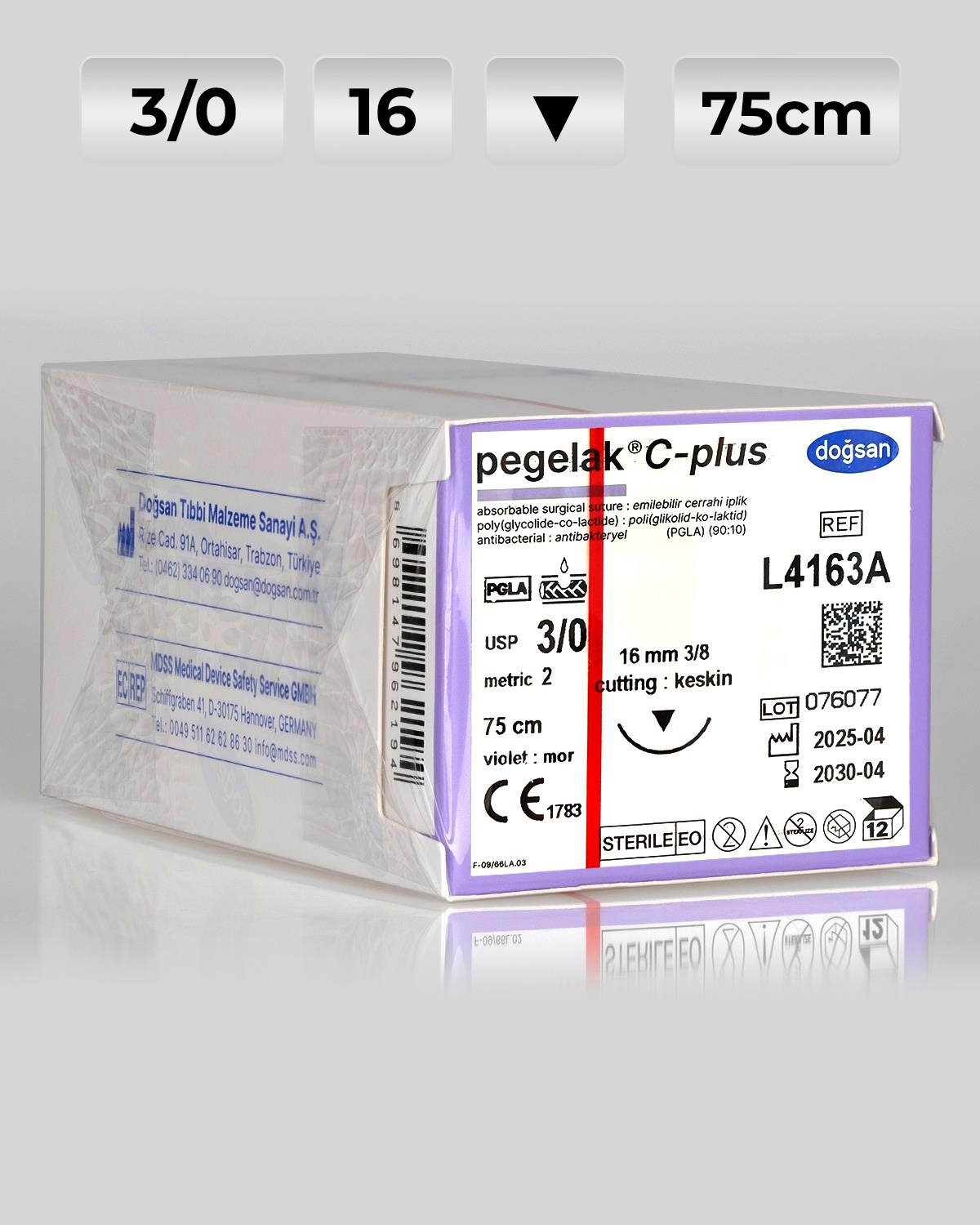Pegelak 3/0 16 3/8 Keskin (▼) 75cm PGLA Emilebilir Sütür 12 Ad./Pkt