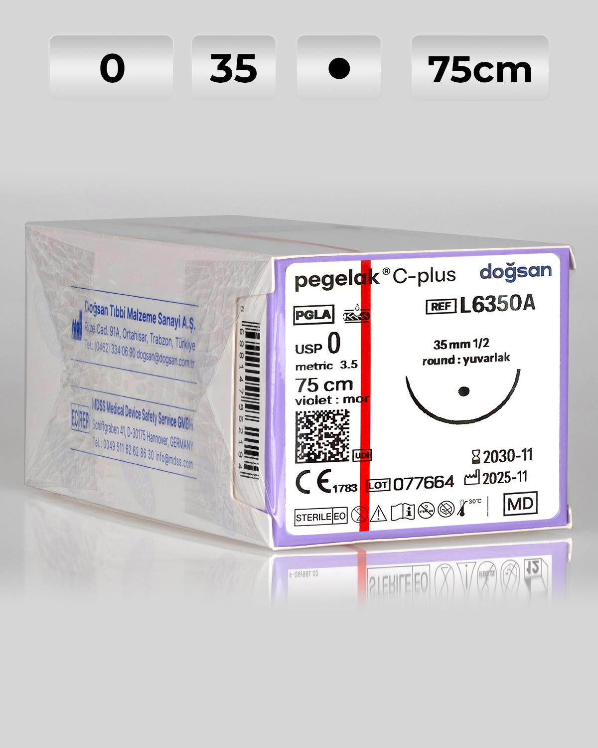 Pegelak C-Plus 0 35 1/2 Yuvarlak (●) 75cm PGLA Antibakteriyel Emilebilir Sütür 12 Ad./Pkt