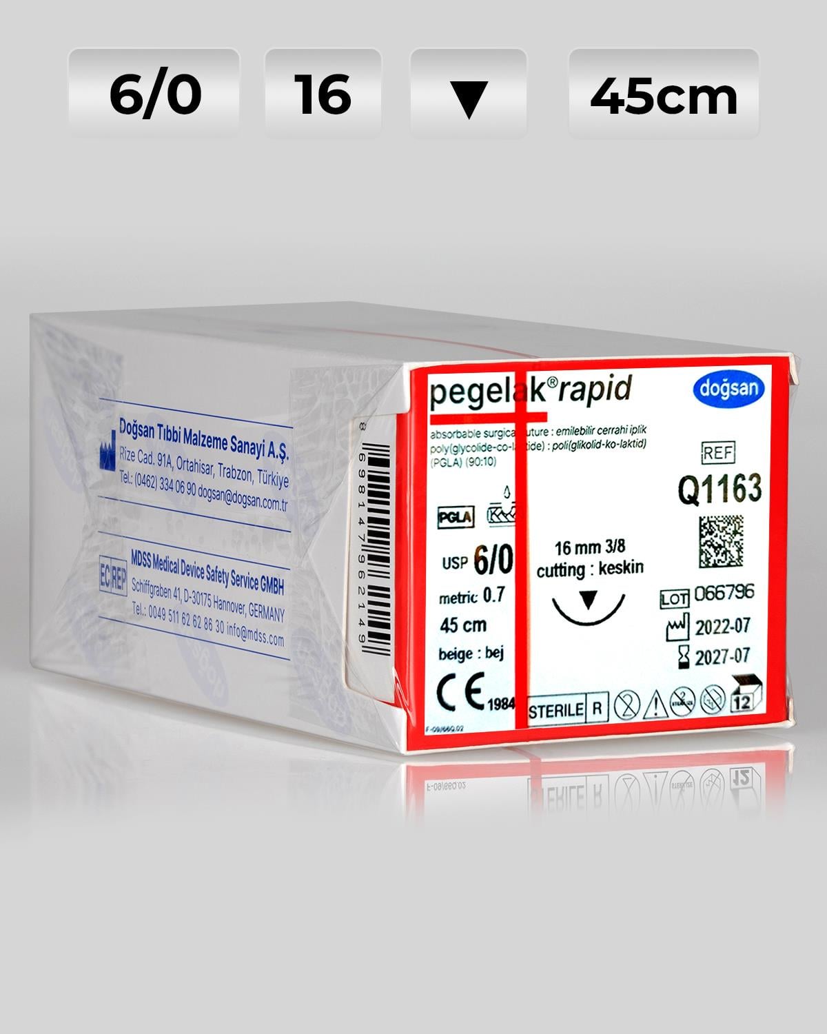 Q1163 DOĞSAN Pegelak Rapid 6/0 16 3/8 Keskin (▼) 45cm PGLA Emilebilir Sütür 12 Ad./Pkt