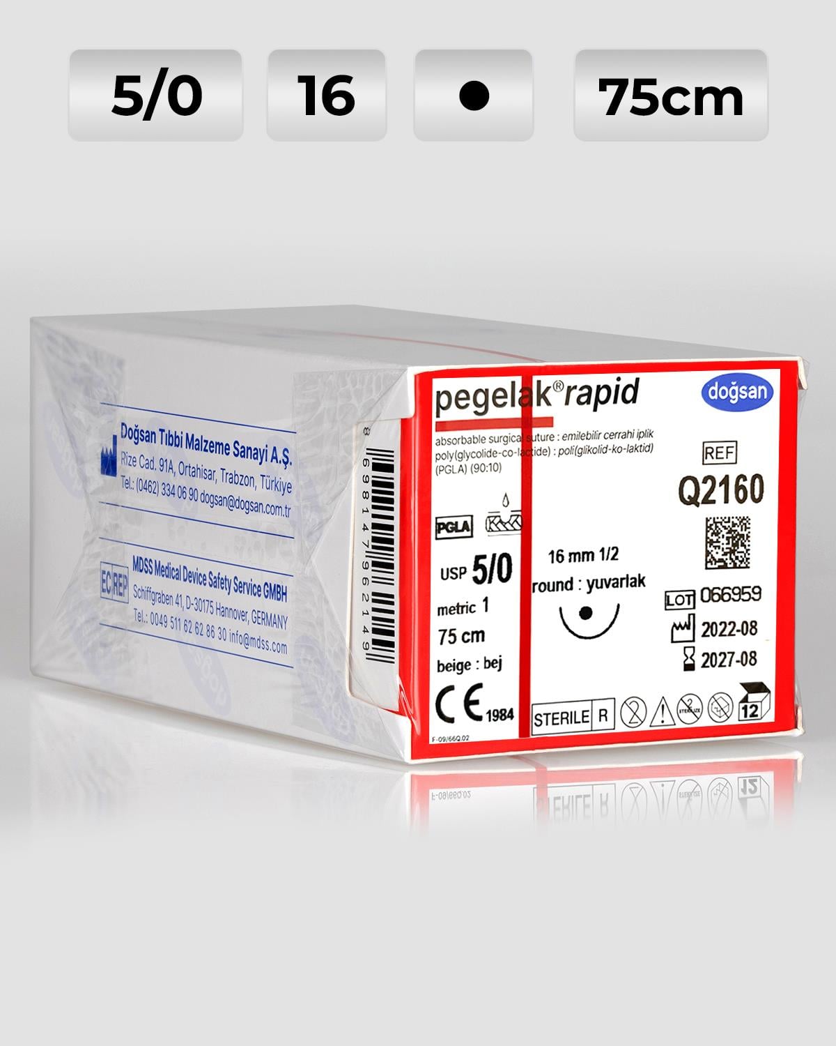 Q2160 DOĞSAN Pegelak Rapid 5/0 16 1/2 Yuvarlak (●) 75cm PGLA Emilebilir Sütür 12 Ad./Pkt
