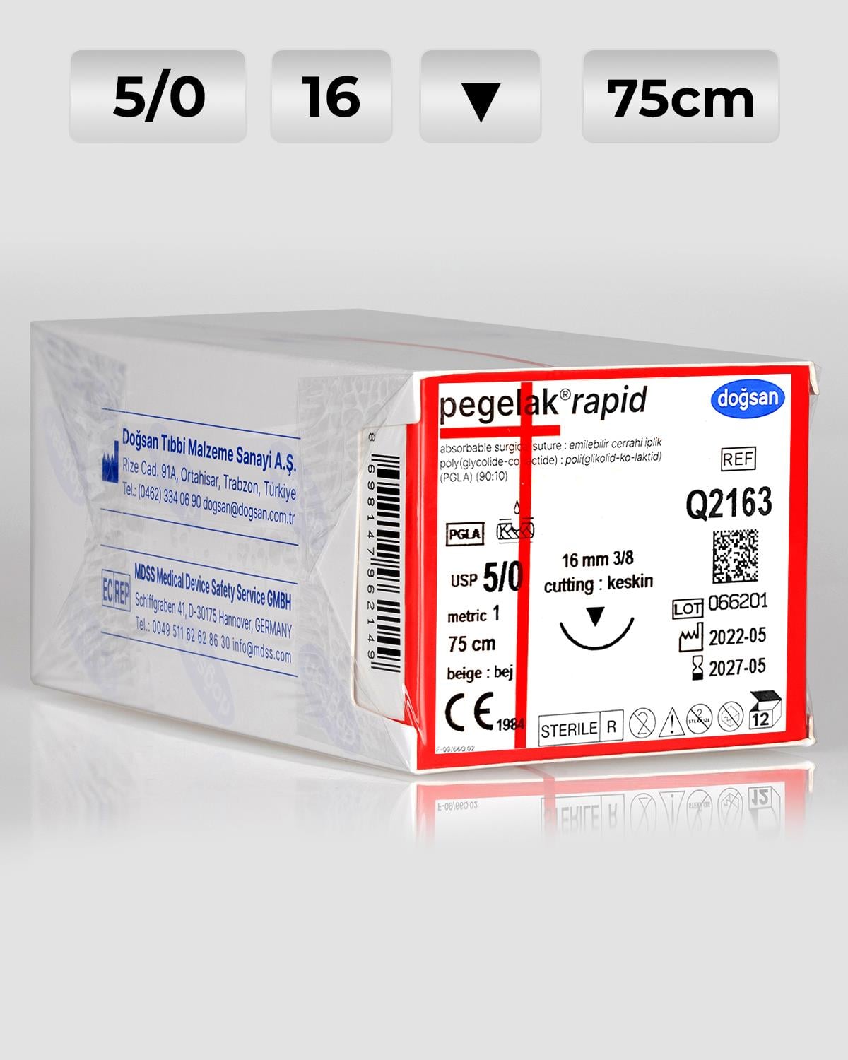 Q2163 DOĞSAN Pegelak Rapid 5/0 16 3/8 Keskin (▼) 75cm PGLA Emilebilir Sütür 12 Ad./Pkt