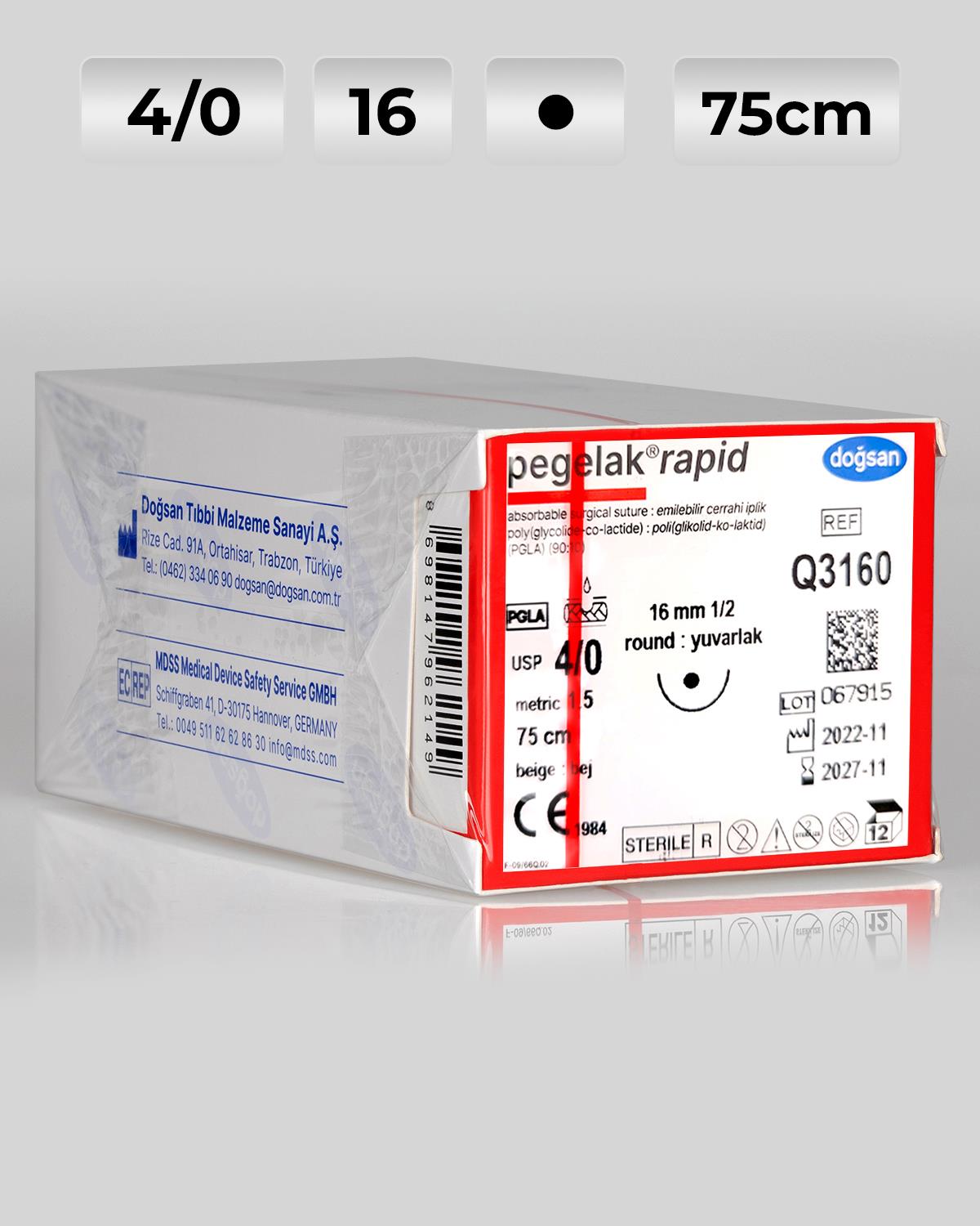 Q3160 DOĞSAN Pegelak Rapid 4/0 16 1/2 Yuvarlak (●) 75cm PGLA Emilebilir Sütür 12 Ad./Pkt