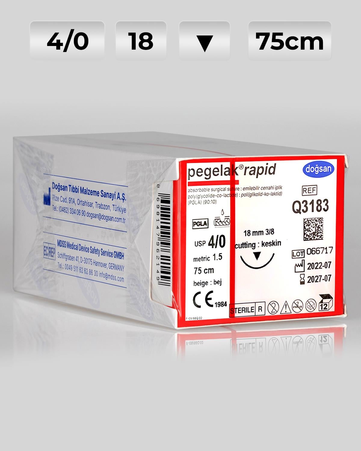 Q3183 DOĞSAN Pegelak Rapid 4/0 18 3/8 Keskin (▼) 75cm PGLA Emilebilir Sütür 12 Ad./Pkt