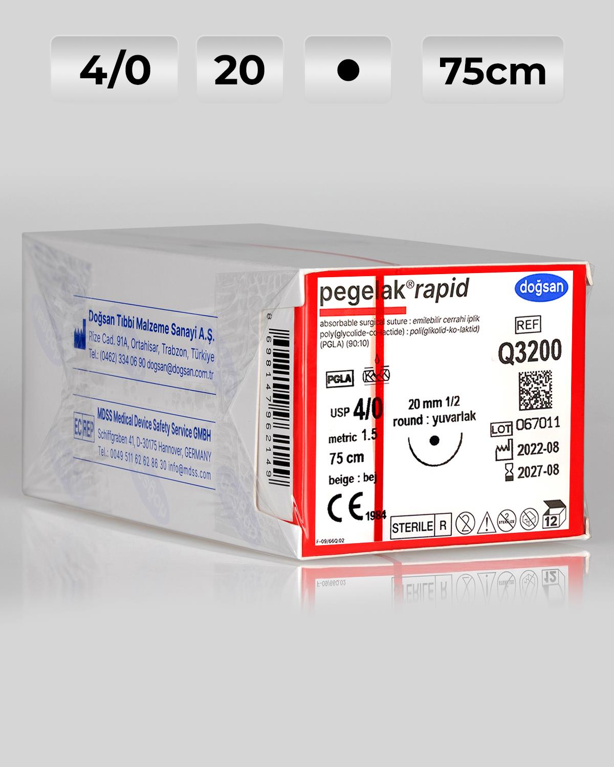 Q3200 DOĞSAN Pegelak Rapid 4/0 20 1/2 Yuvarlak (●) 75cm PGLA Emilebilir Sütür 12 Ad./Pkt