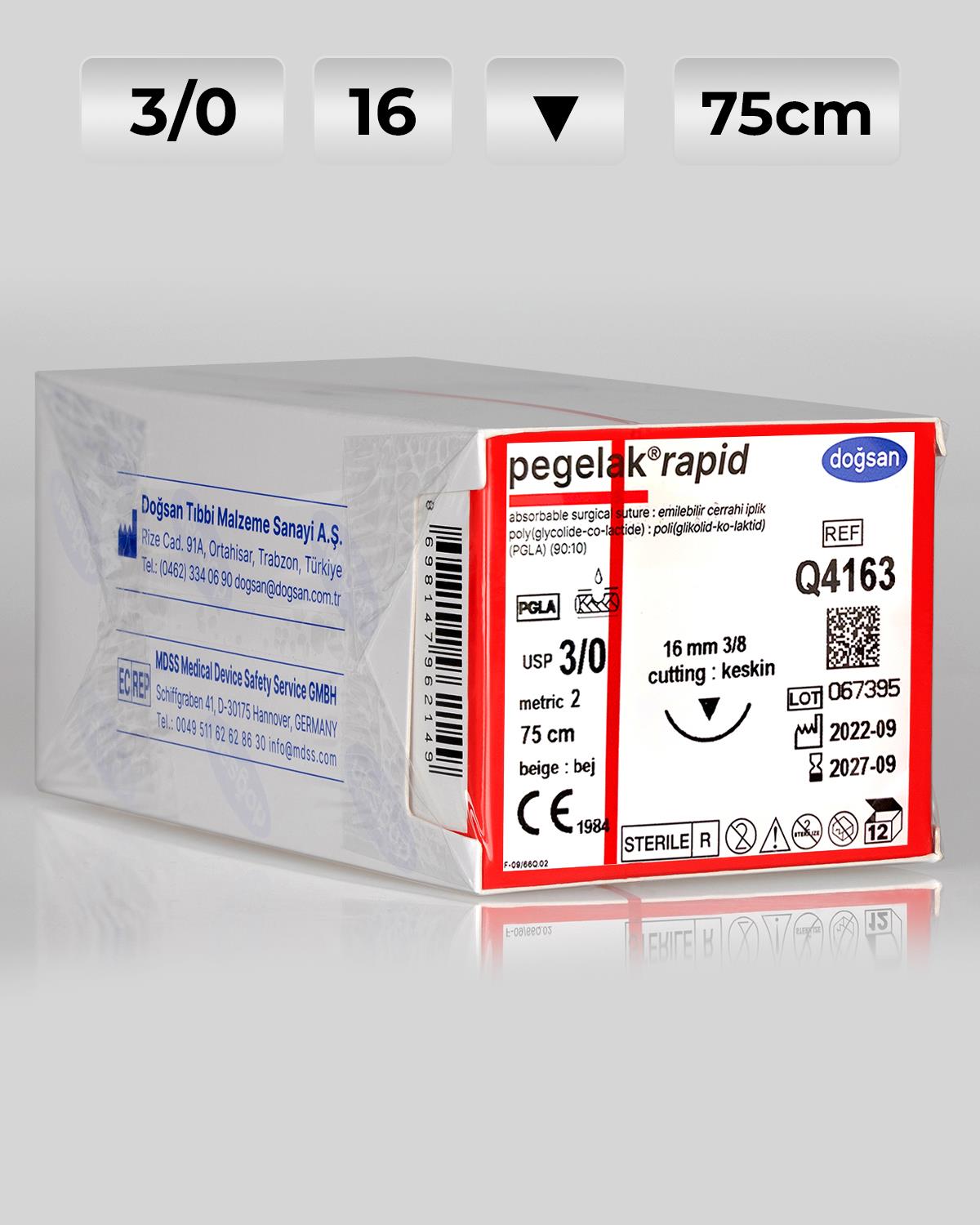 Q4163 DOĞSAN Pegelak Rapid 3/0 16 3/8 Keskin (▼) 75cm PGLA Emilebilir Sütür 12 Ad./Pkt