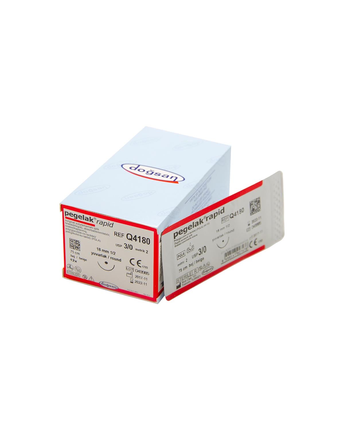 Q4180 Pegelak Rapid 3/0 18 1/2 Yuvarlak (●) 75cm PGLA Emilebilir Sütür 12 Ad./Pkt