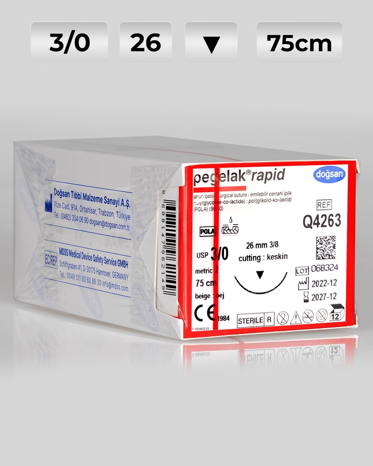 Q4263 DOĞSAN Pegelak Rapid 3/0 26 3/8 Keskin (▼) 75cm PGLA Emilebilir Sütür 12 Ad./Pkt