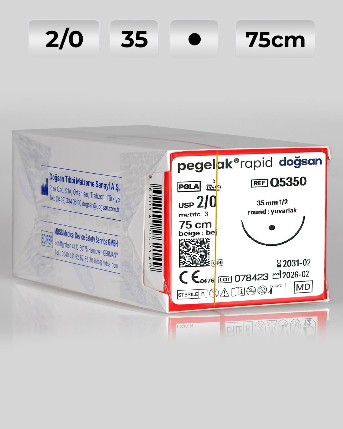 Q5350 DOĞSAN Pegelak Rapid 2/0 35 1/2 Yuvarlak (●) 75cm PGLA Emilebilir Sütür 12 Ad./Pkt