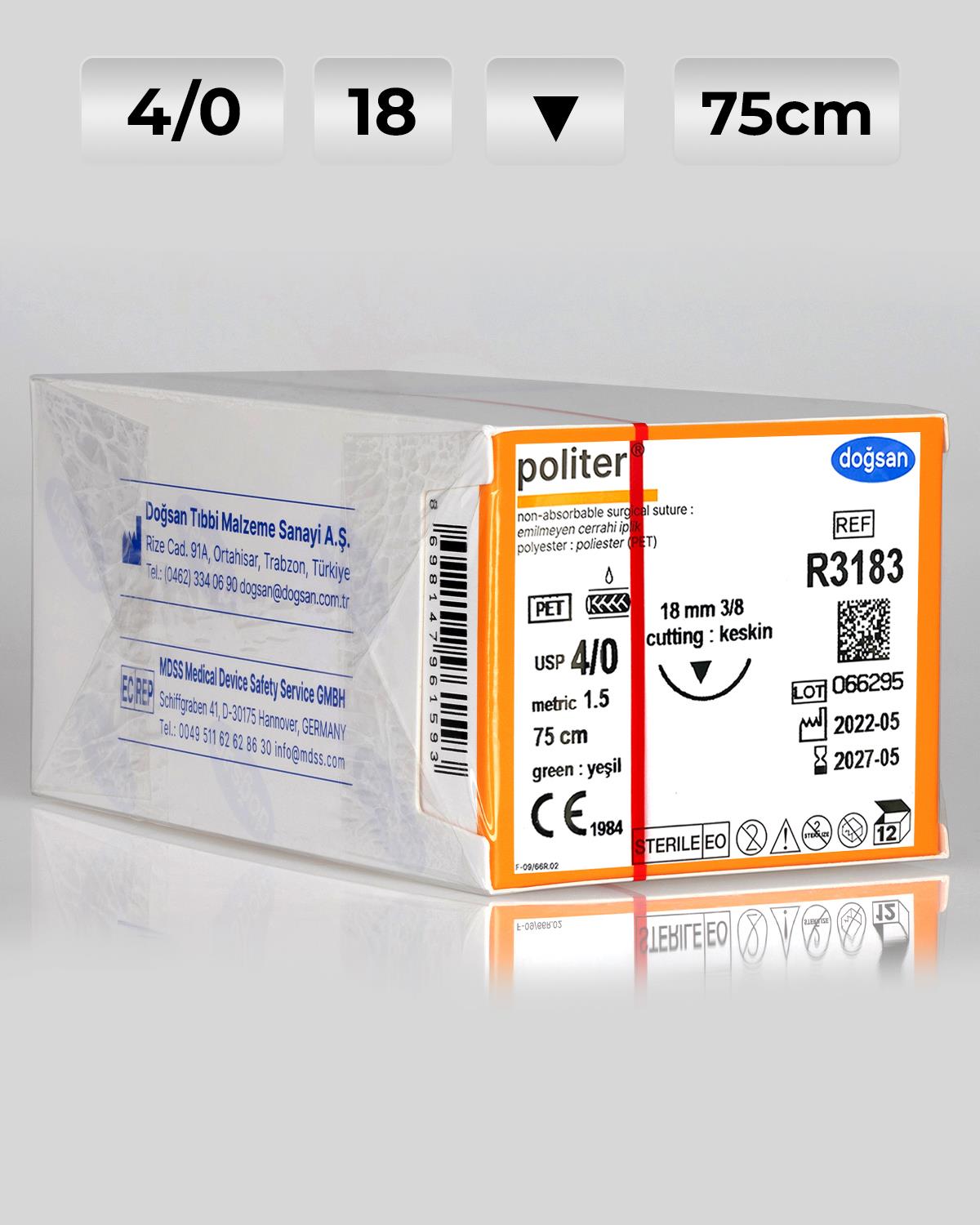 R3183 DOĞSAN Politer 4/0 18 3/8 Keskin (▼) 75cm Polyester Emilemeyen Sütür 12 Ad./Pkt