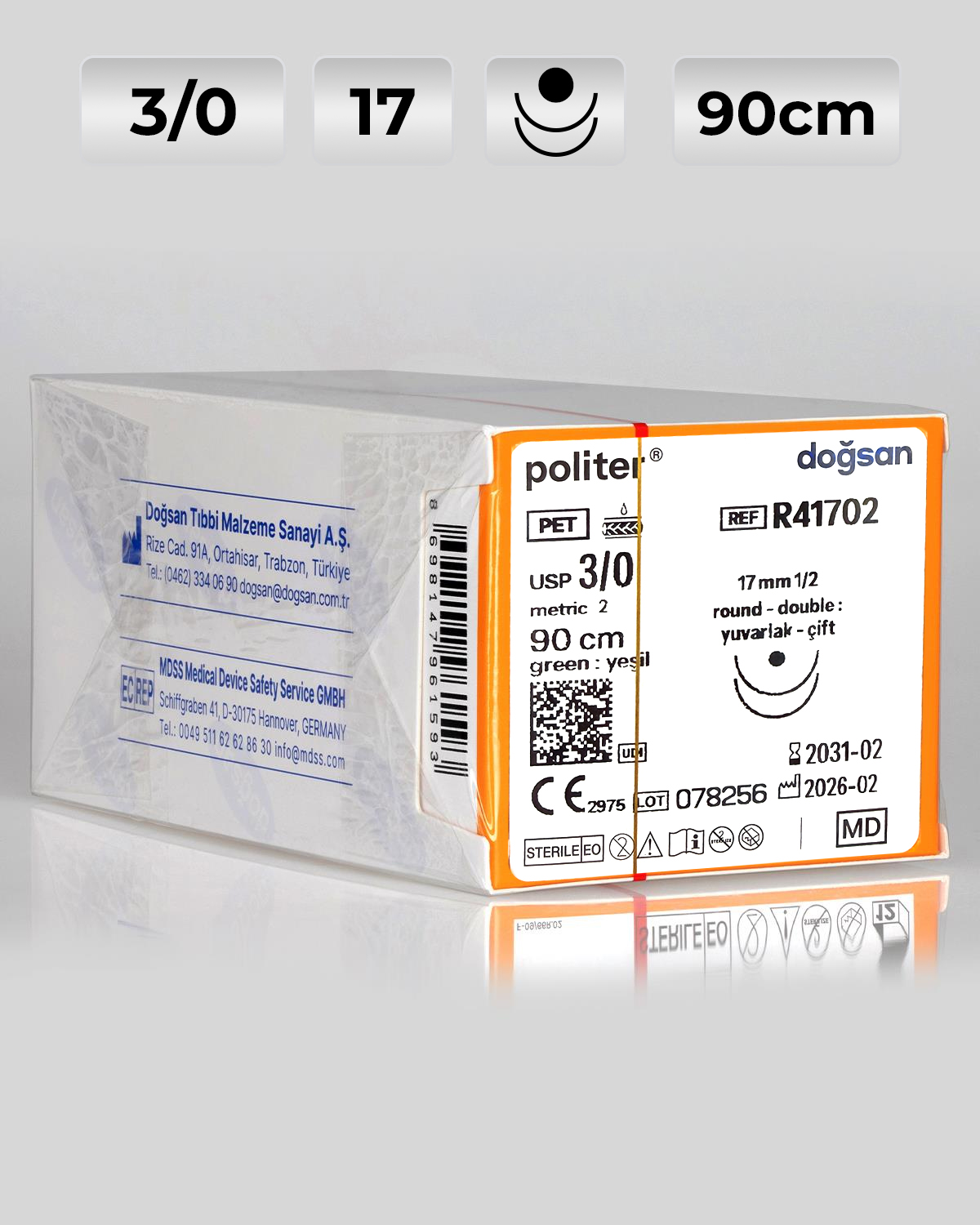 R41702 DOĞSAN Politer 3/0 17 1/2 Yuvarlak (●),çift 90cm Polyester Emilemeyen Sütür 12 Ad./Pkt