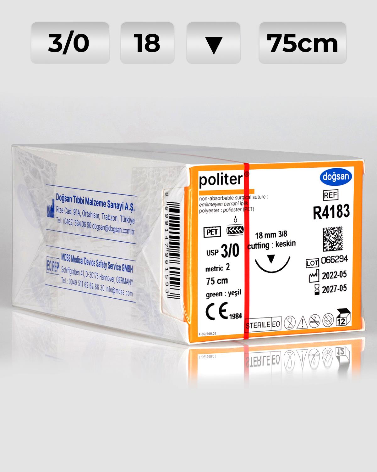 R4183 DOĞSAN Politer 3/0 18 3/8 Keskin (▼) 75cm Polyester Emilemeyen Sütür 12 Ad./Pkt