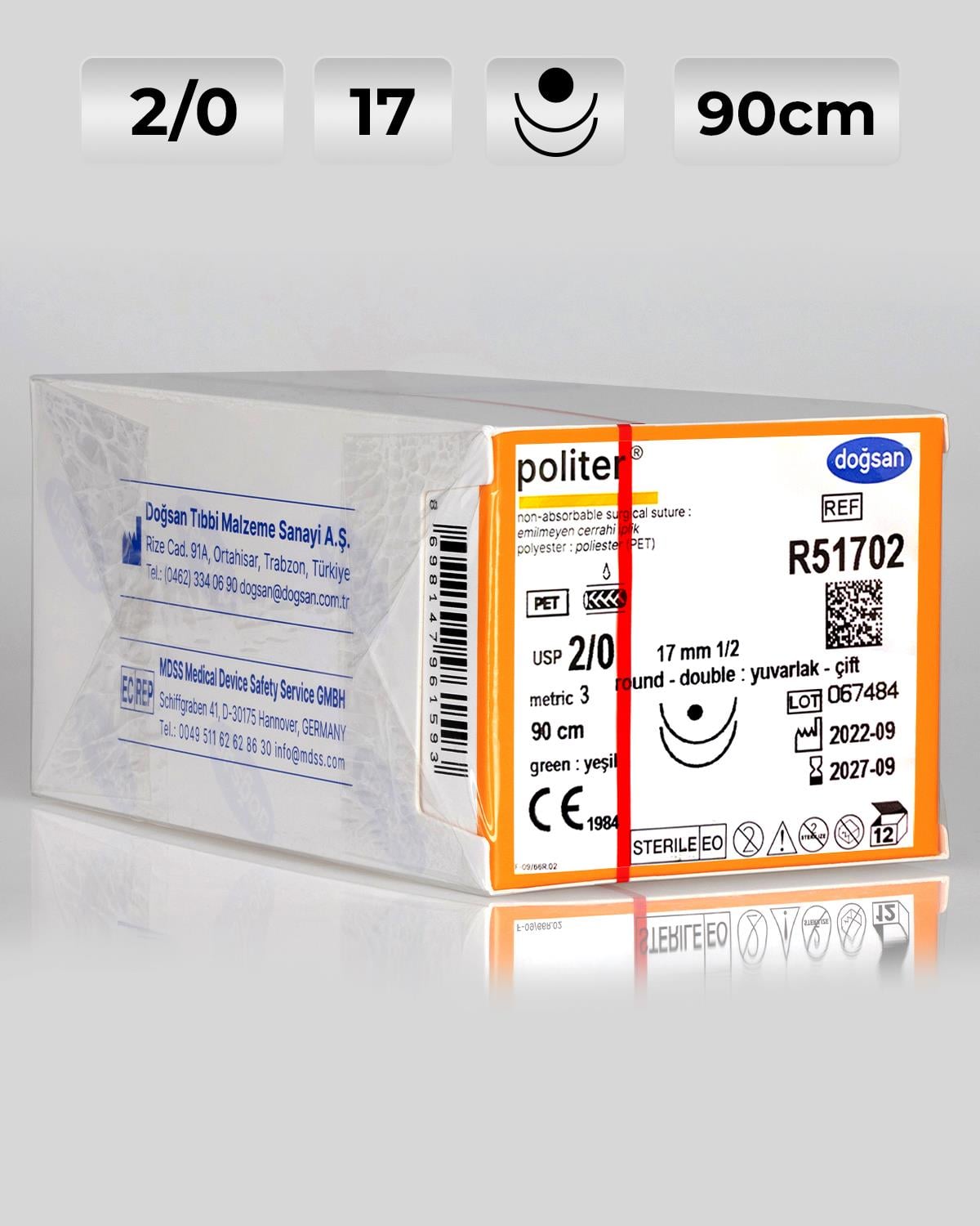 R51702 DOĞSAN Politer 2/0 17 1/2 Yuvarlak (●),çift 90cm Polyester Emilemeyen Sütür 12 Ad./Pkt