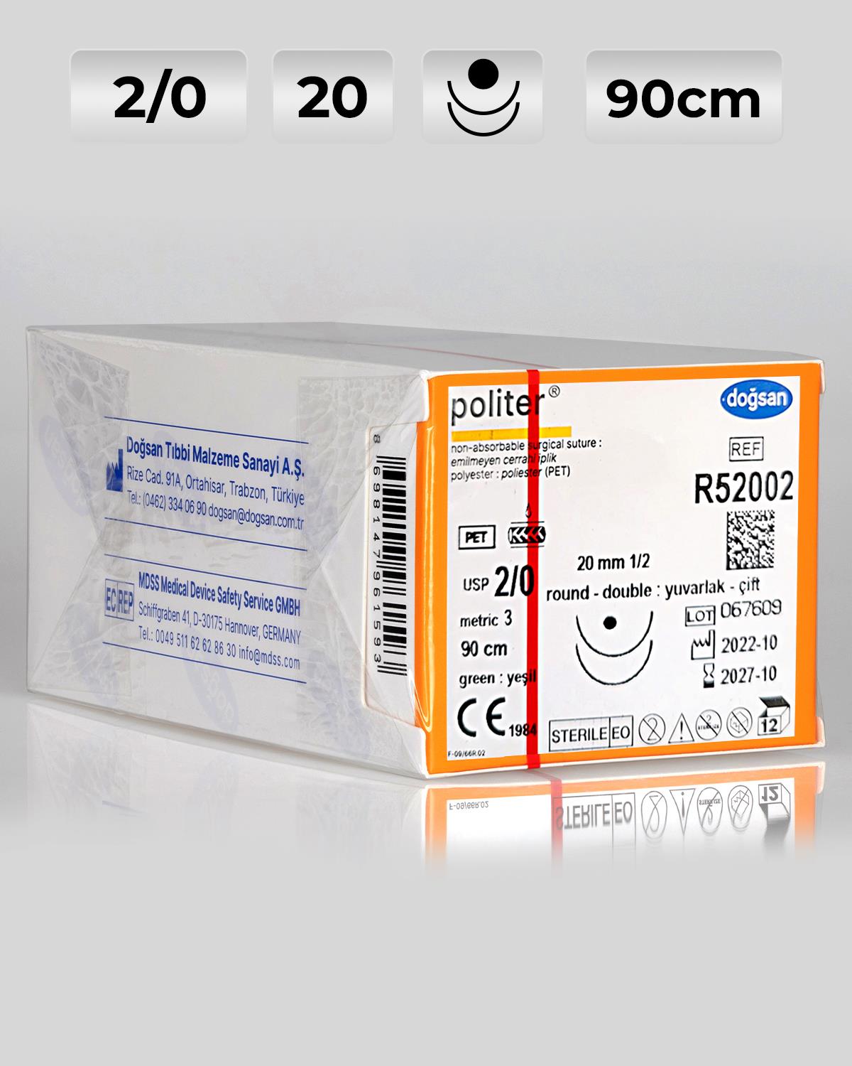 R52002 DOĞSAN Politer 2/0 20 1/2 Yuvarlak (●),çift 90cm Polyester Emilemeyen Sütür 12 Ad./Pkt