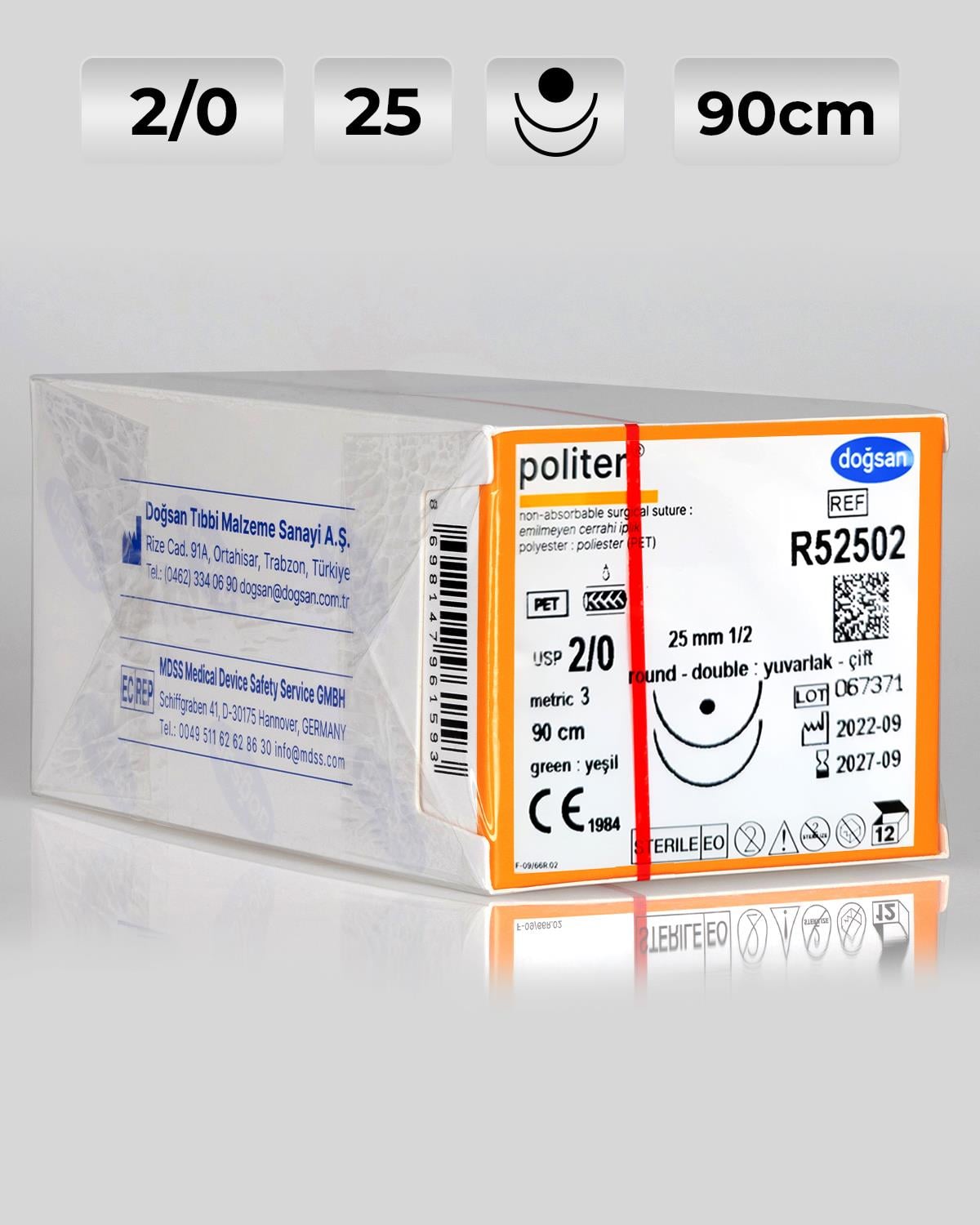 R52502 DOĞSAN Politer 2/0 25 1/2 Yuvarlak (●),çift 90cm Polyester Emilemeyen Sütür 12 Ad./Pkt