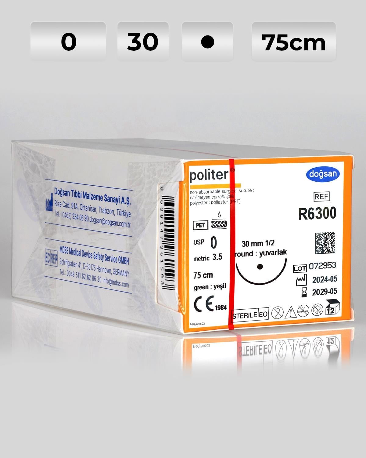 R6300 DOĞSAN Politer 0 30 1/2 Yuvarlak (●) 75cm Polyester Emilemeyen Sütür 12 Ad./Pkt