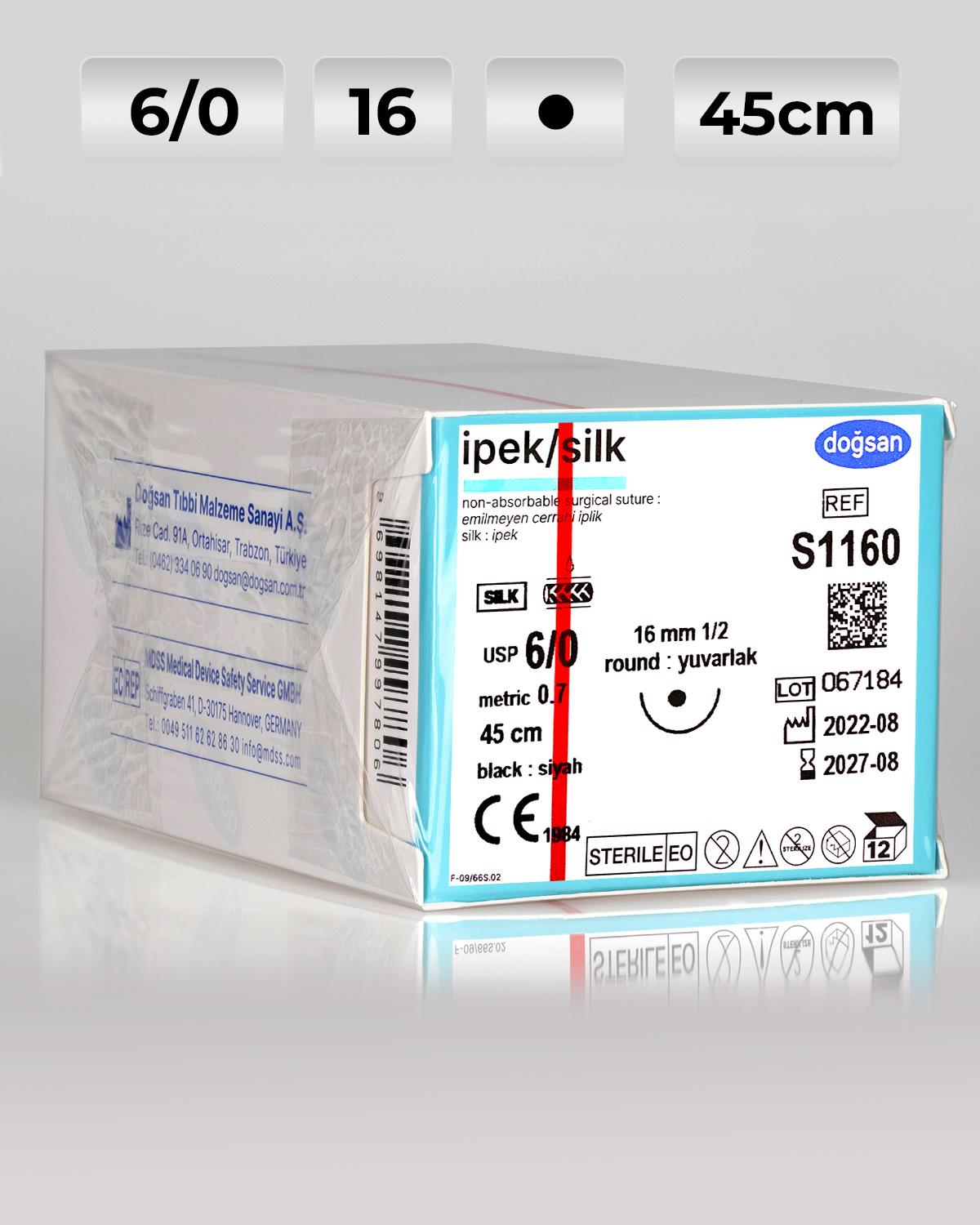 S1160 DOĞSAN İpek 6/0 16 1/2 Yuvarlak (●) 45cm İpek Emilemeyen Sütür 12 Ad./Pkt
