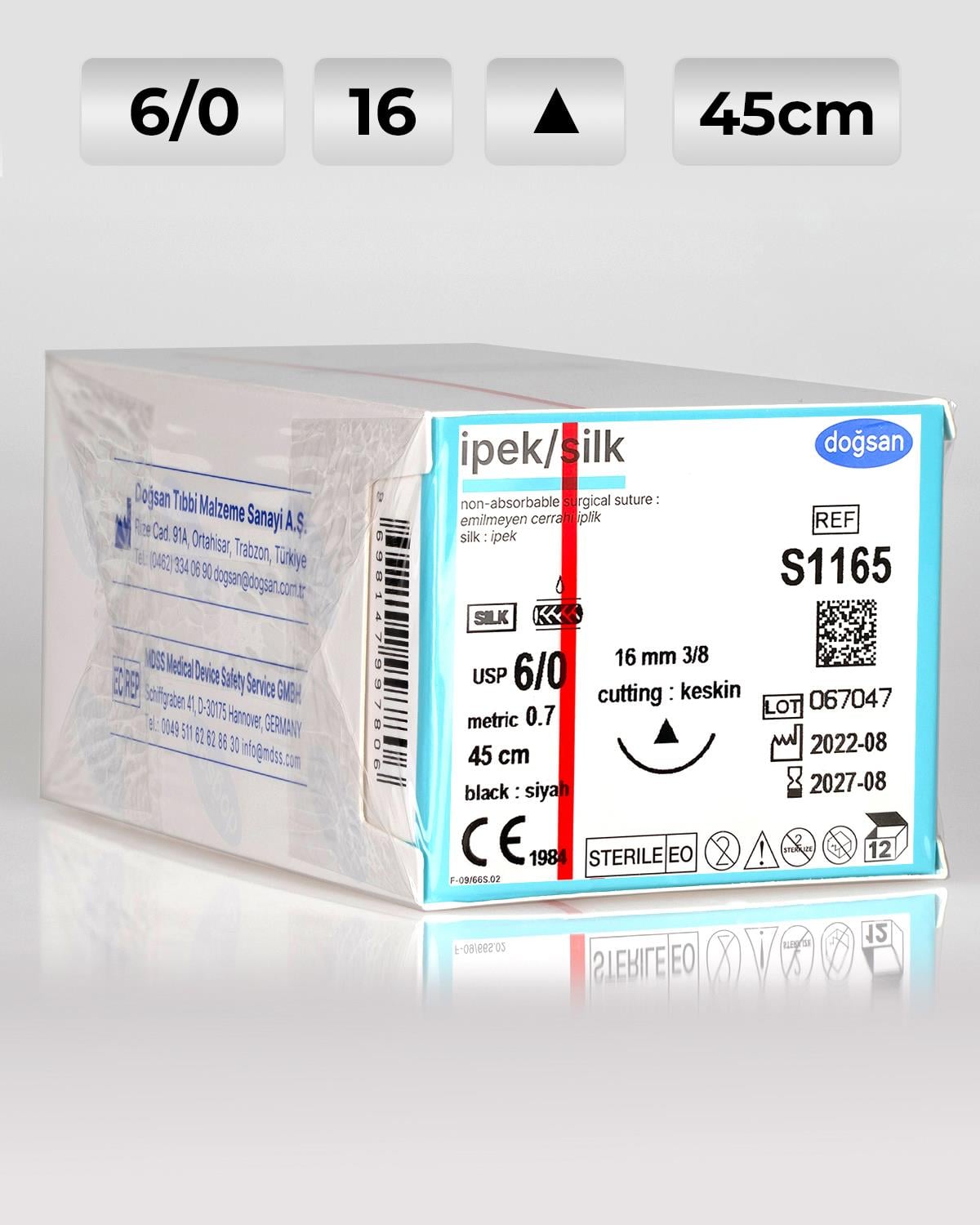 S1165 DOĞSAN İpek 6/0 16 3/8 Keskin (Δ) 45cm İpek Emilemeyen Sütür 12 Ad./Pkt