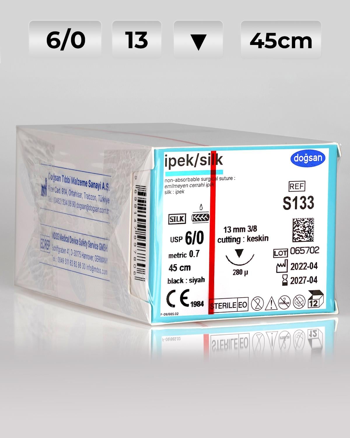 S133 DOĞSAN İpek 6/0 13 3/8 Keskin (▼) 45cm İpek Emilemeyen Sütür 12 Ad./Pkt