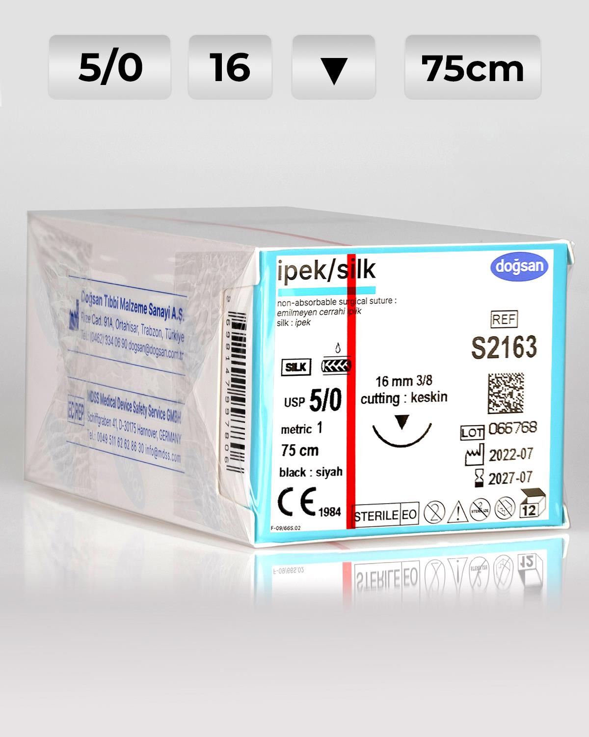 S2163 DOĞSAN İpek 5/0 16 3/8 Keskin (▼) 75cm İpek Emilemeyen Sütür 12 Ad./Pkt