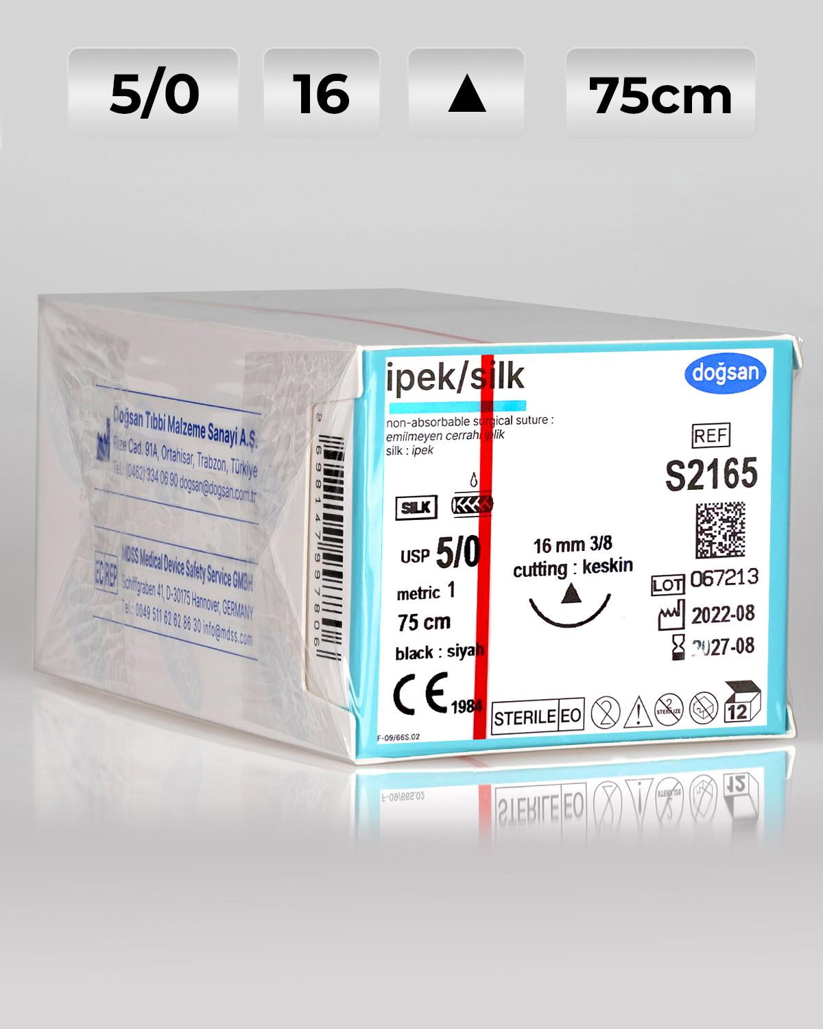 S2165 DOĞSAN İpek 5/0 16 3/8 Keskin (Δ) 75cm İpek Emilemeyen Sütür 12 Ad./Pkt