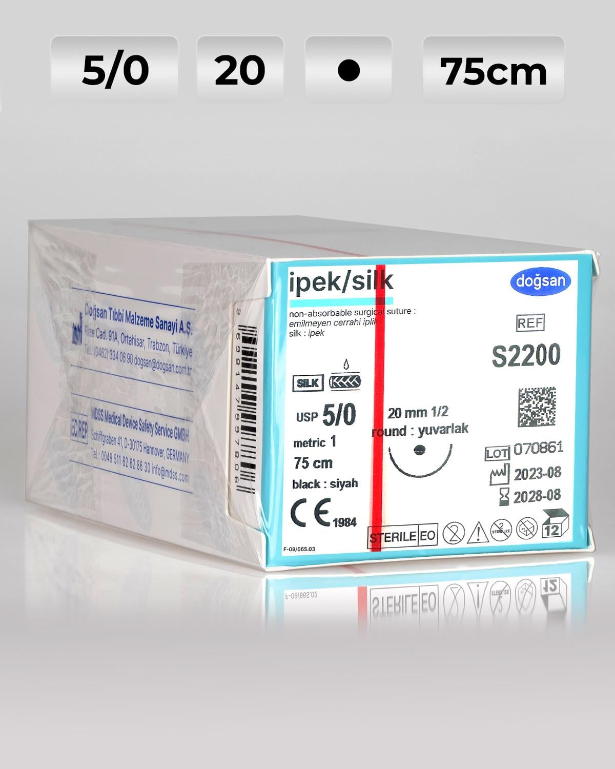 S2200 DOĞSAN İpek 5/0 20 1/2 Yuvarlak (●) 75cm İpek Emilemeyen Sütür 12 Ad./Pkt