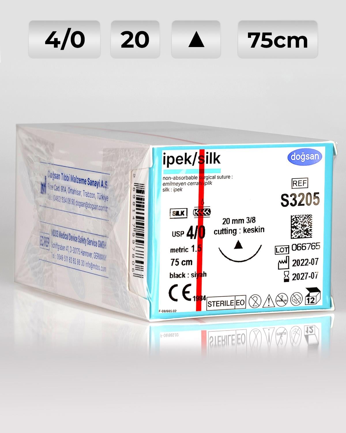 S3205 DOĞSAN İpek 4/0 20 3/8 Keskin (Δ) 75cm İpek Emilemeyen Sütür 12 Ad./Pkt