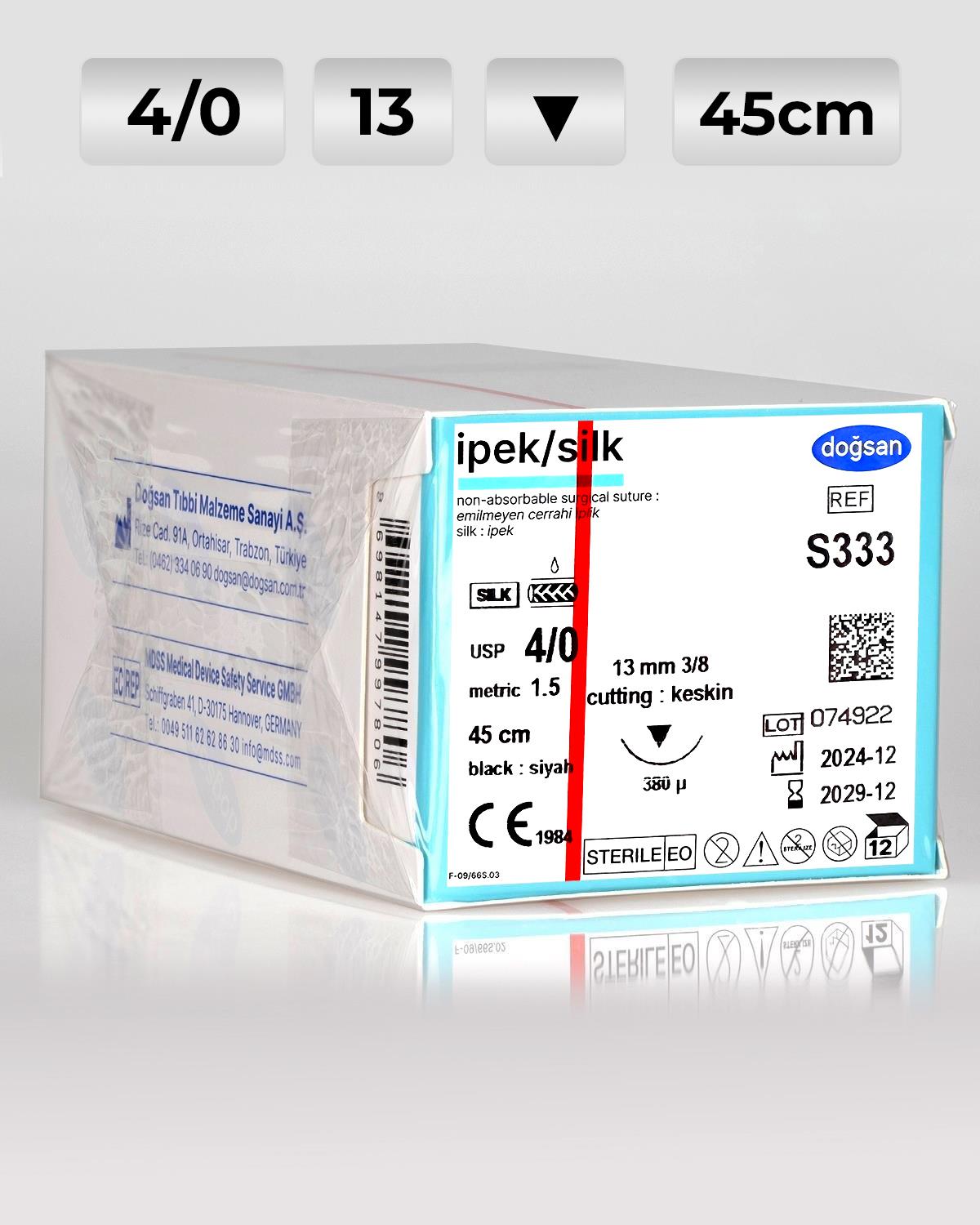 S333 DOĞSAN İpek 4/0 13 3/8 Keskin (▼) 45cm İpek Emilemeyen Sütür 12 Ad./Pkt