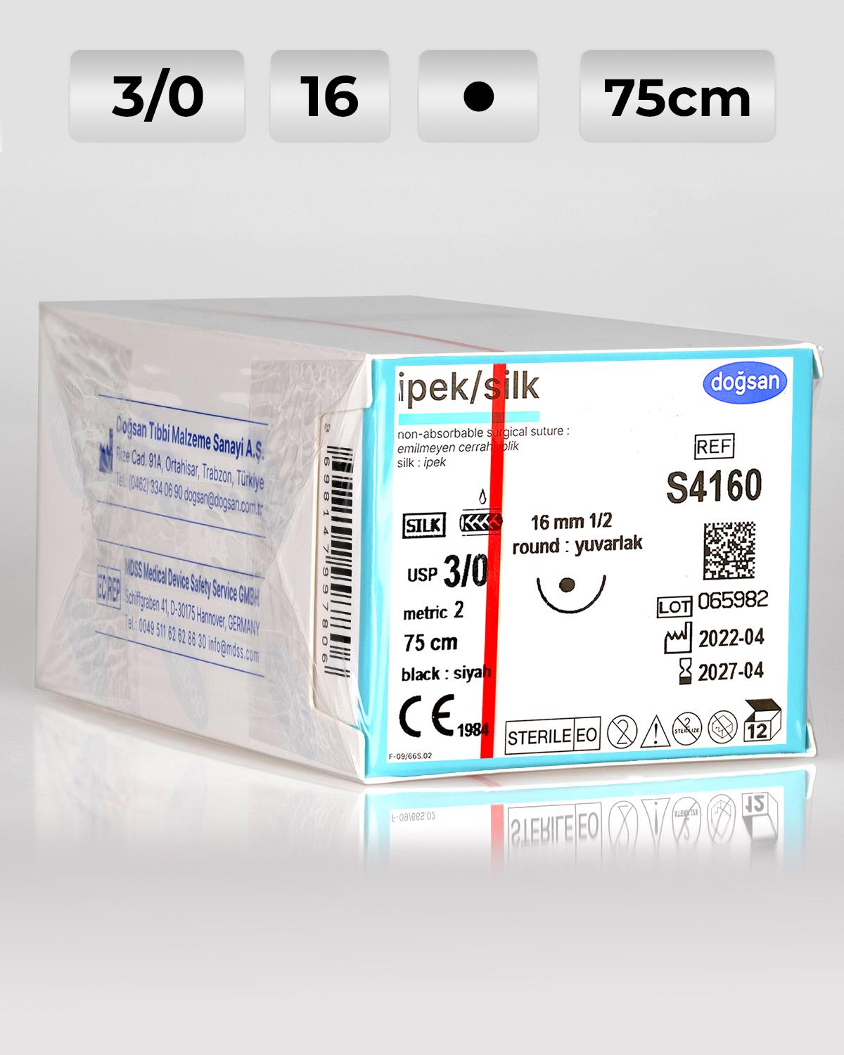 S4160 DOĞSAN İpek 3/0 16 1/2 Yuvarlak (●) 75cm İpek Emilemeyen Sütür 12 Ad./Pkt