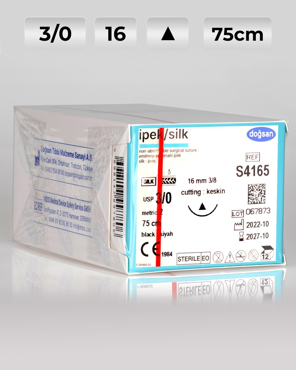 S4165 DOĞSAN İpek 3/0 16 3/8 Keskin (Δ) 75cm İpek Emilemeyen Sütür 12 Ad./Pkt