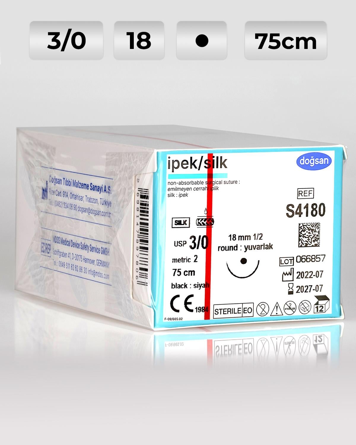 S4180 DOĞSAN İpek 3/0 18 1/2 Yuvarlak (●) 75cm İpek Emilemeyen Sütür 12 Ad./Pkt