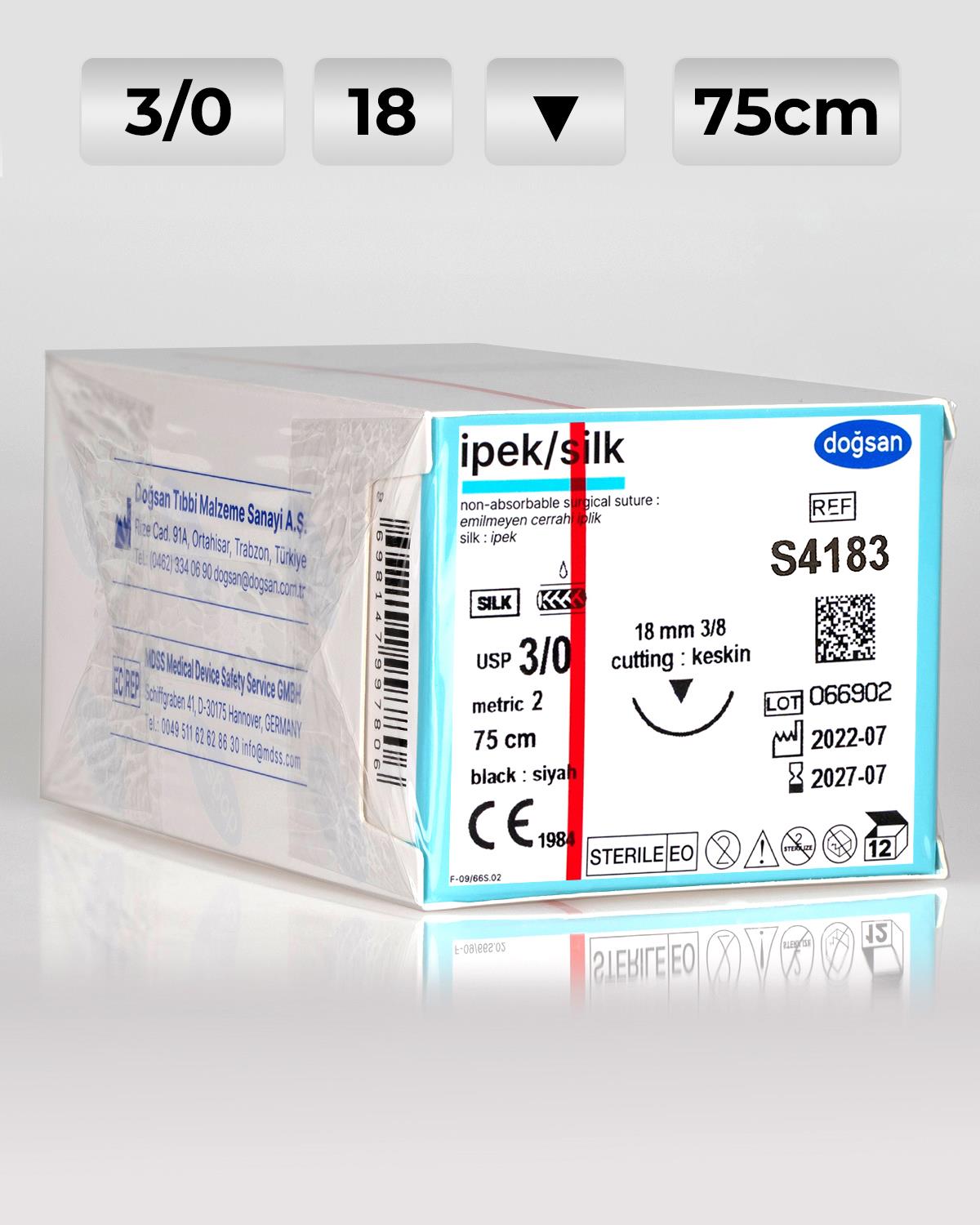 S4183 DOĞSAN İpek 3/0 18 3/8 Keskin (▼) 75cm İpek Emilemeyen Sütür 12 Ad./Pkt