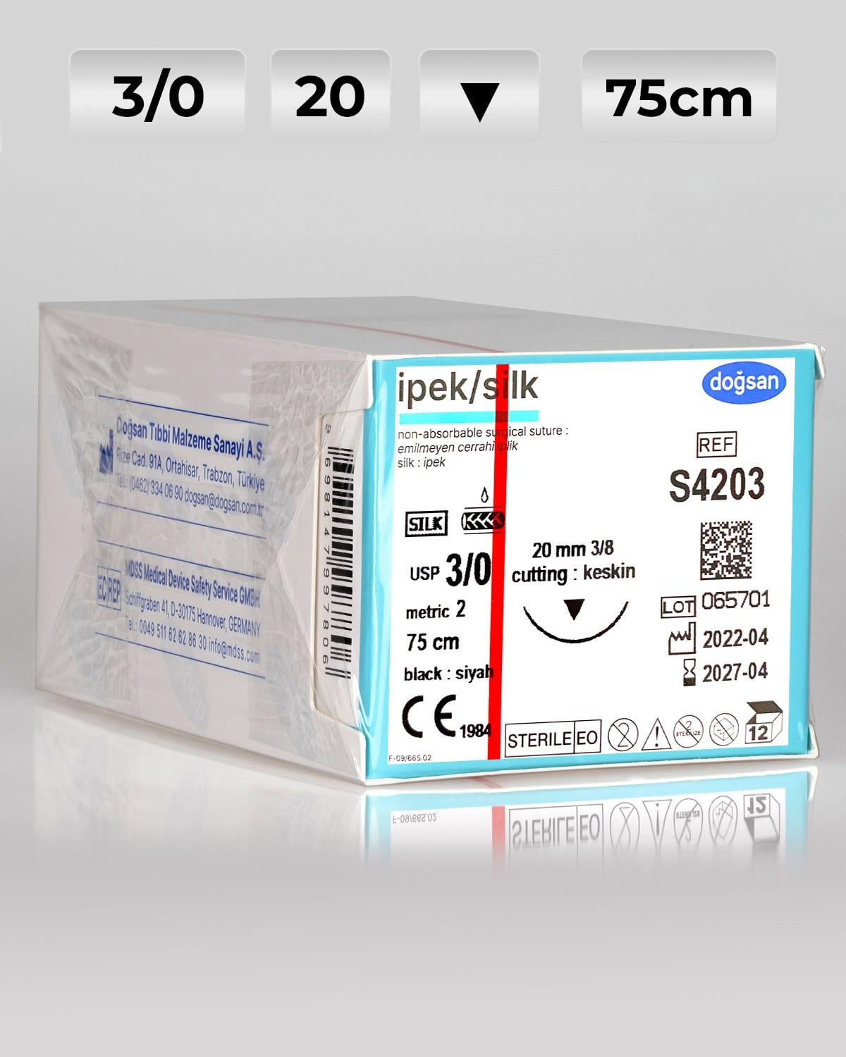 S4203 DOĞSAN İpek 3/0 20 3/8 Keskin (▼) 75cm İpek Emilemeyen Sütür 12 Ad./Pkt