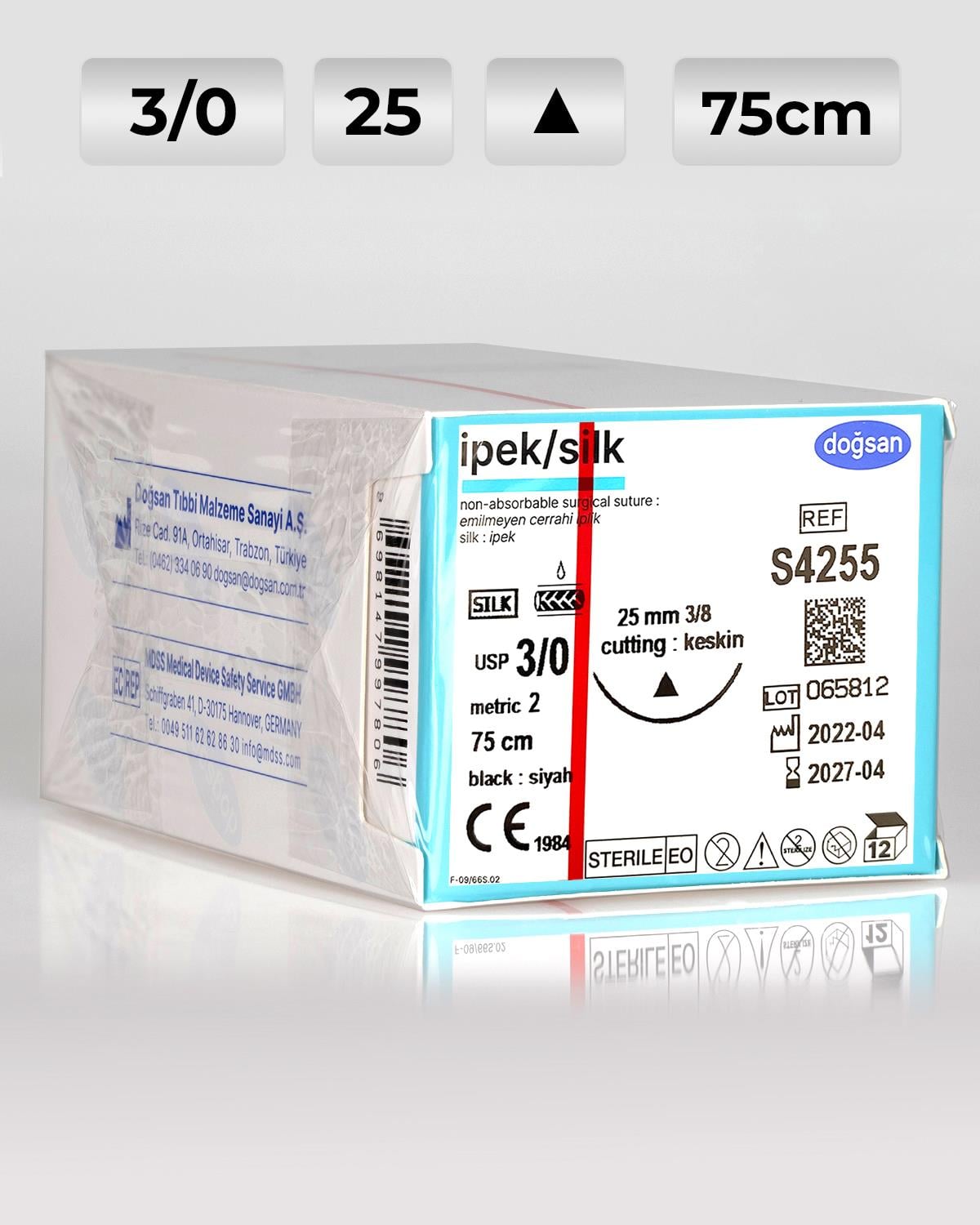 S4255 DOĞSAN İpek 3/0 25 3/8 Keskin (Δ) 75cm İpek Emilemeyen Sütür 12 Ad./Pkt
