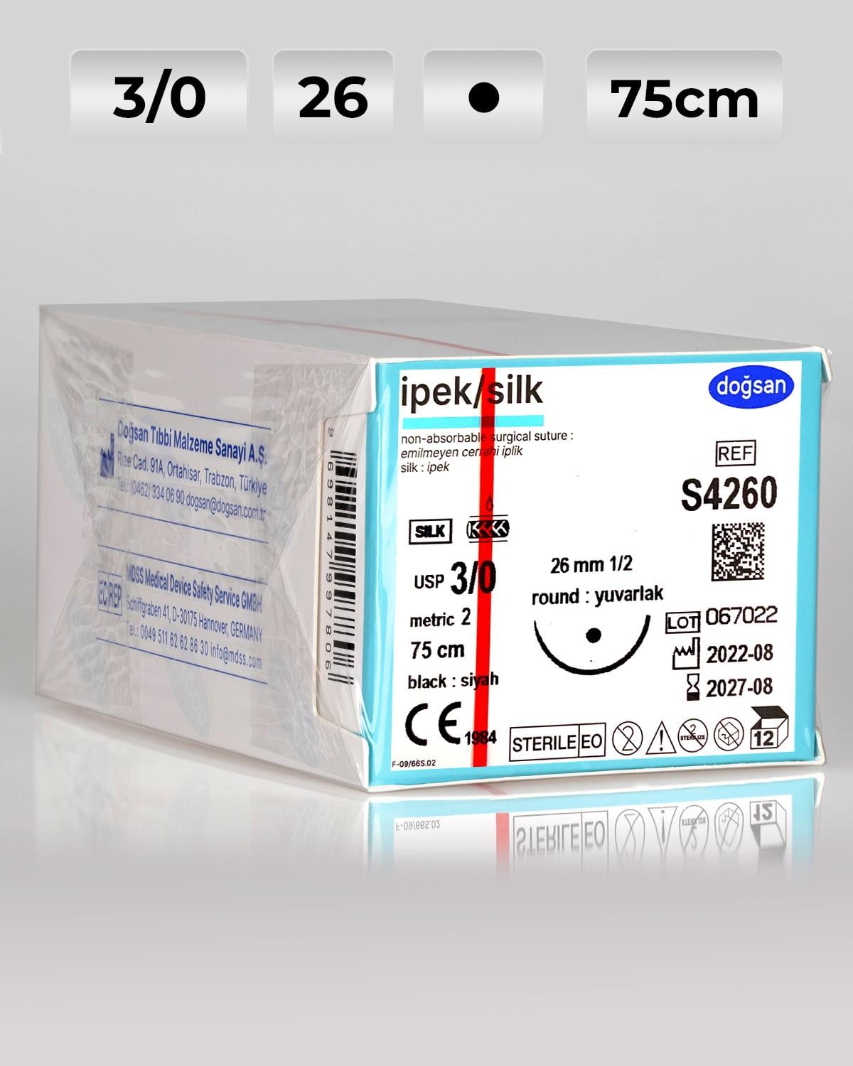 S4260 DOĞSAN İpek 3/0 26 1/2 Yuvarlak (●) 75cm İpek Emilemeyen Sütür 12 Ad./Pkt