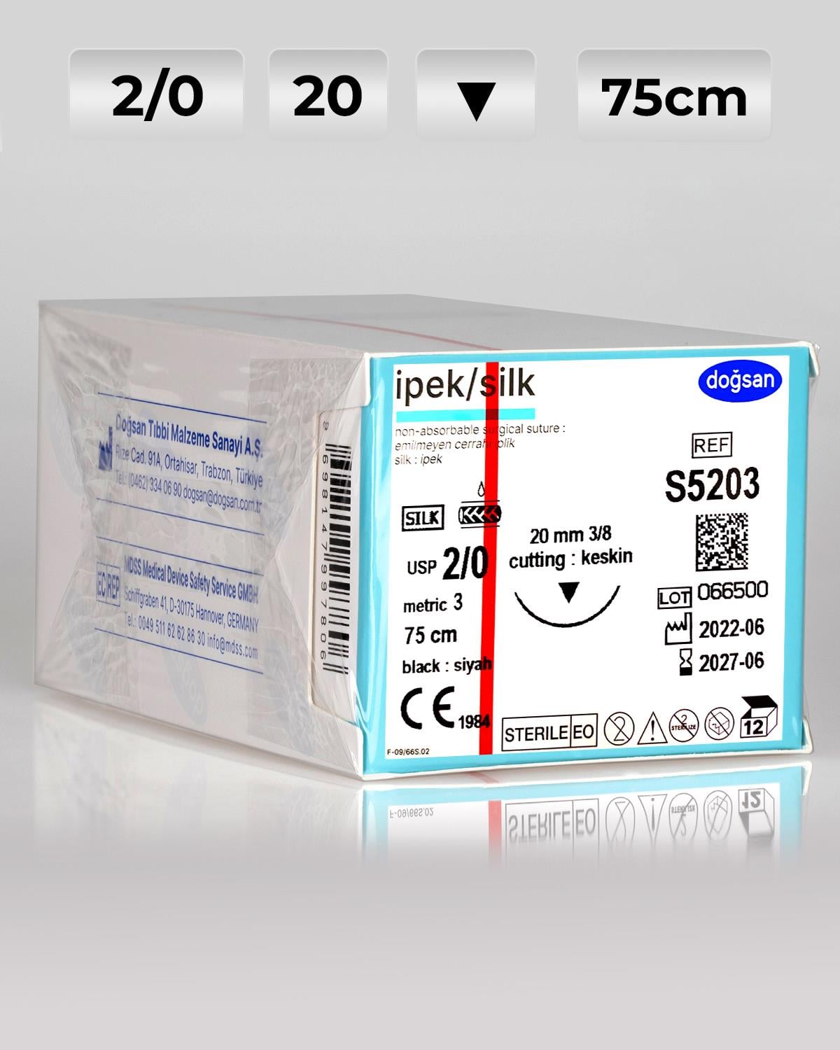S5203 DOĞSAN İpek 2/0 20 3/8 Keskin (▼) 75cm İpek Emilemeyen Sütür 12 Ad./Pkt