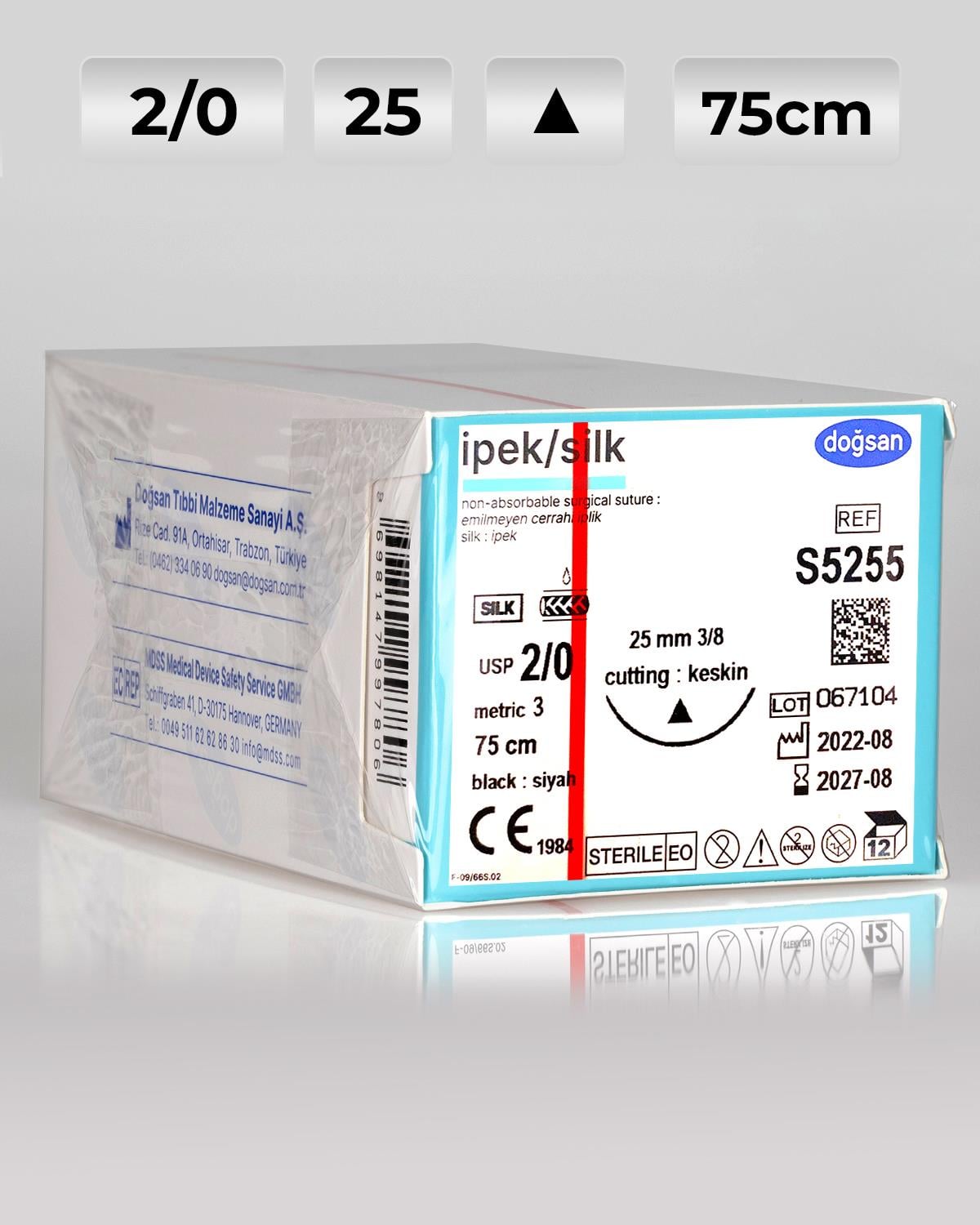 S5255 DOĞSAN İpek 2/0 25 3/8 Keskin (Δ) 75cm İpek Emilemeyen Sütür 12 Ad./Pkt
