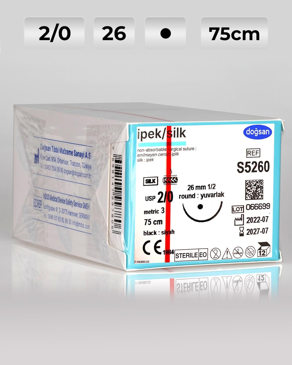 S5260 DOĞSAN İpek 2/0 26 1/2 Yuvarlak (●) 75cm İpek Emilemeyen Sütür 12 Ad./Pkt