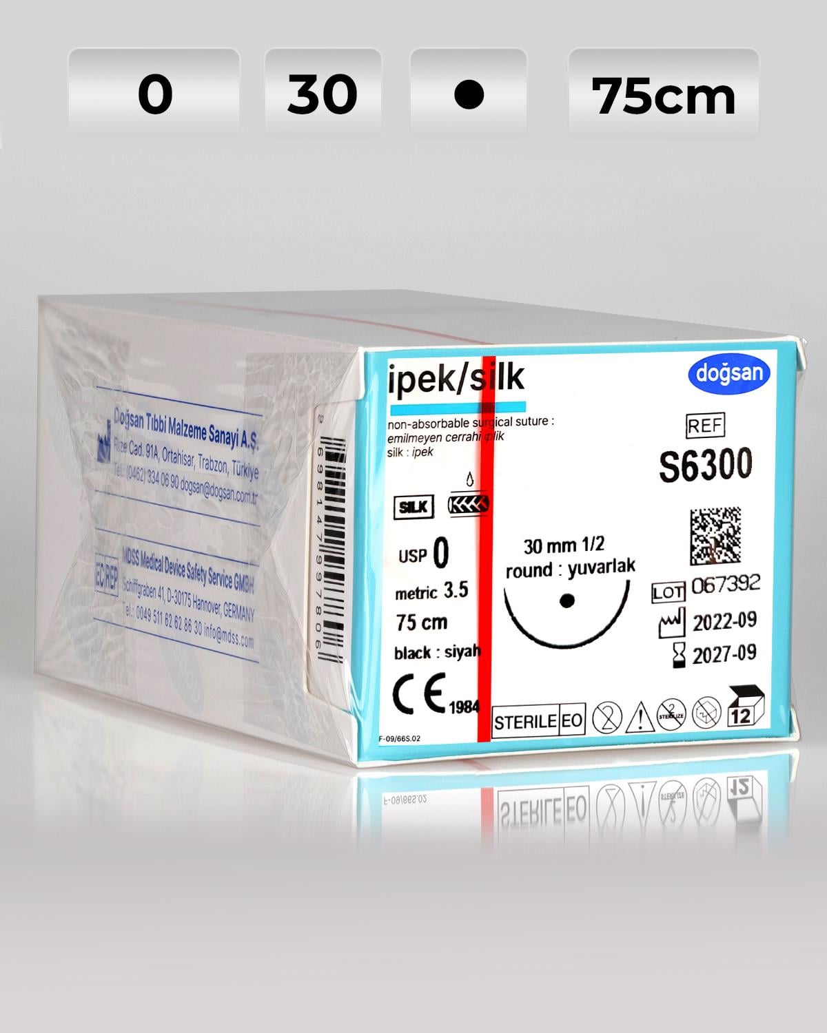 S6300 DOĞSAN İpek 0 30 1/2 Yuvarlak (●) 75cm İpek Emilemeyen Sütür 12 Ad./Pkt
