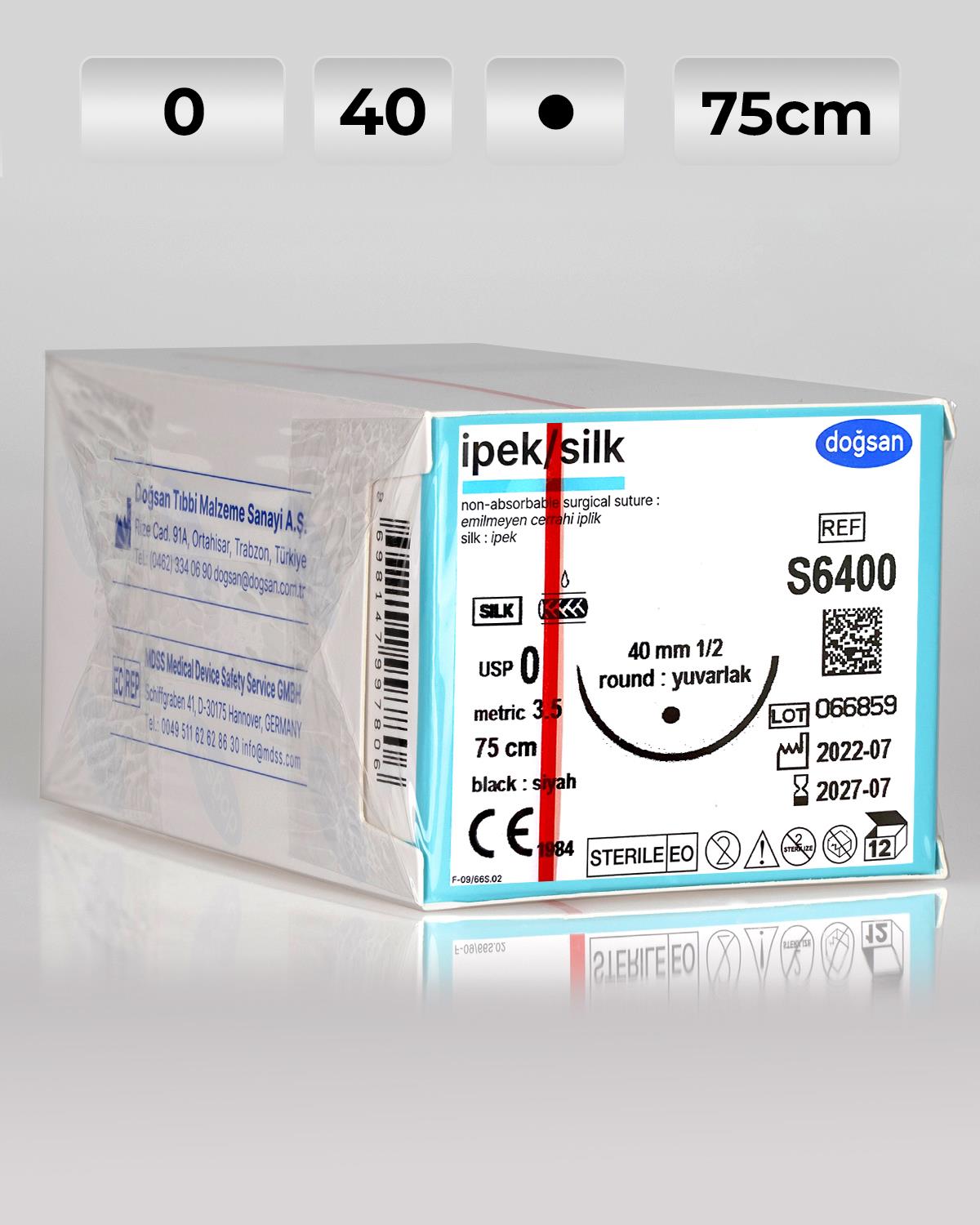 S6400 DOĞSAN İpek 0 40 1/2 Yuvarlak (●) 75cm İpek Emilemeyen Sütür 12 Ad./Pkt