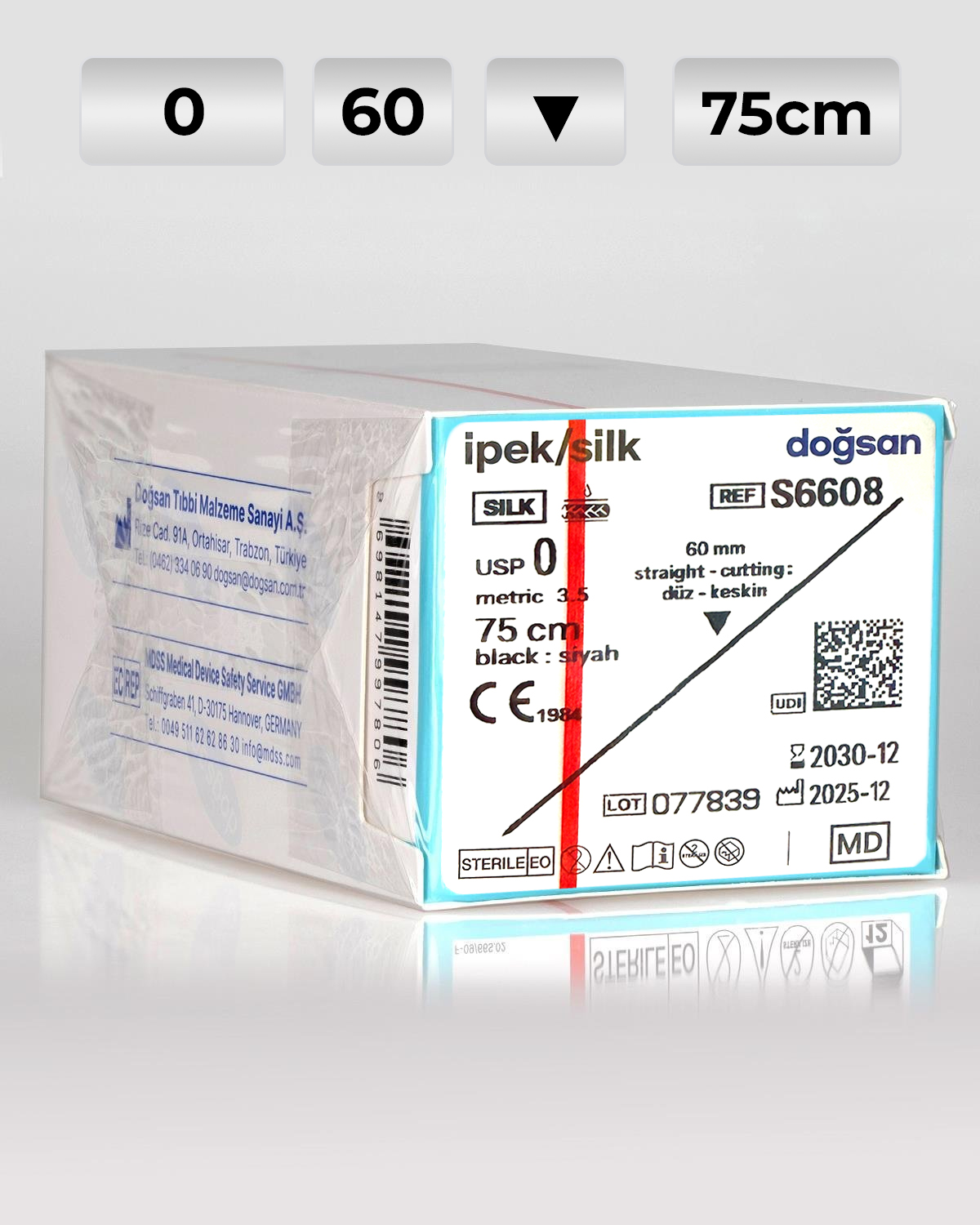 S6608 DOĞSAN İpek 0 60 1 Keskin (▼) 75cm İpek Emilemeyen Sütür 12 Ad./Pkt