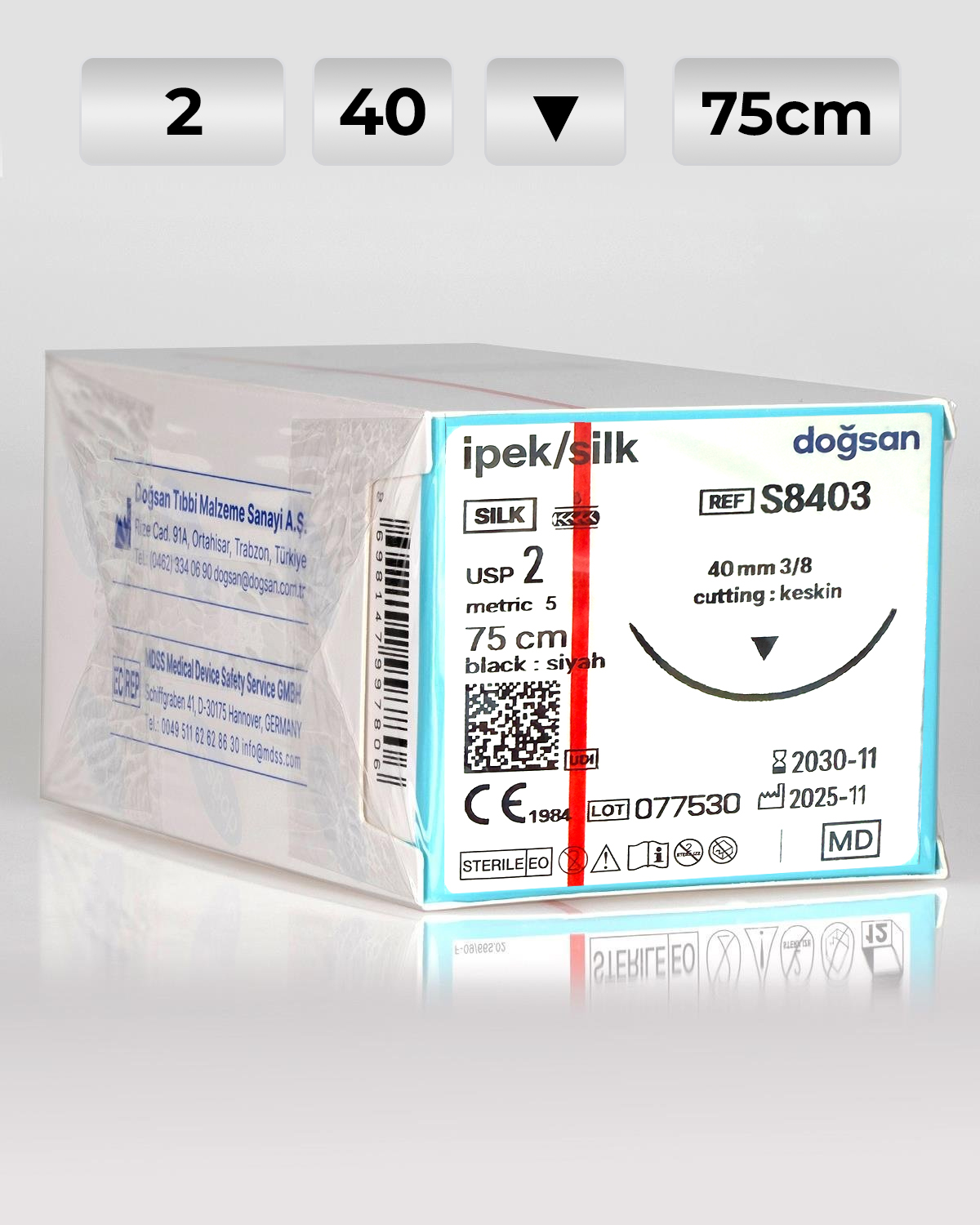 S8403 DOĞSAN İpek 2 40 3/8 Keskin (▼) 75cm İpek Emilemeyen Sütür 12 Ad./Pkt