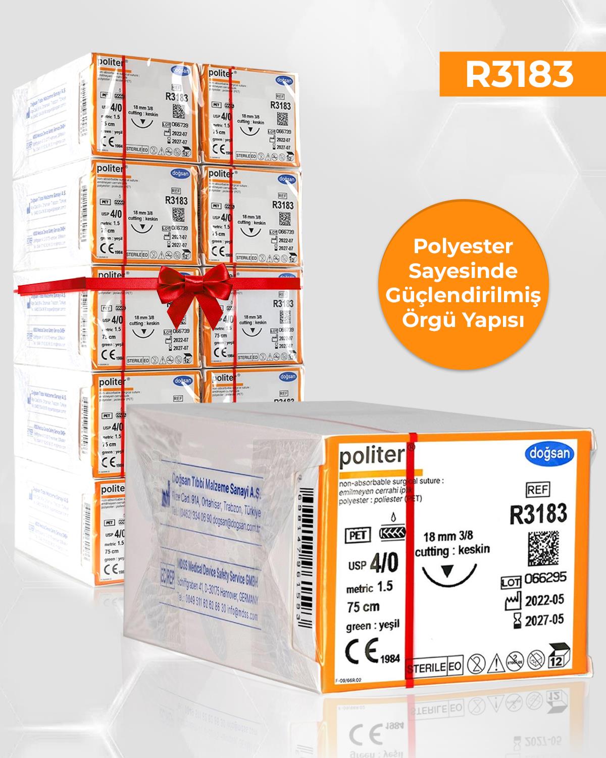 SET00063 Politer 4/0 18 3/8 Keskin (▼) 75cm Polyester Emilemeyen Sütür 10 Kt./Set