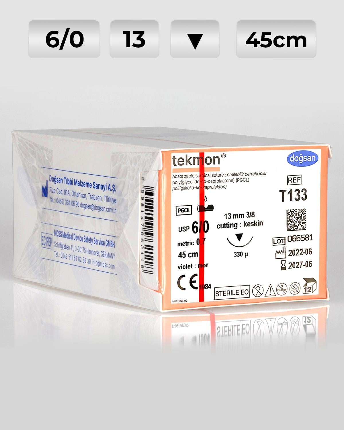 T133 DOĞSAN Tekmon 6/0 13 3/8 Keskin (▼) 45cm PGCL Emilebilir Sütür 12 Ad./Pkt